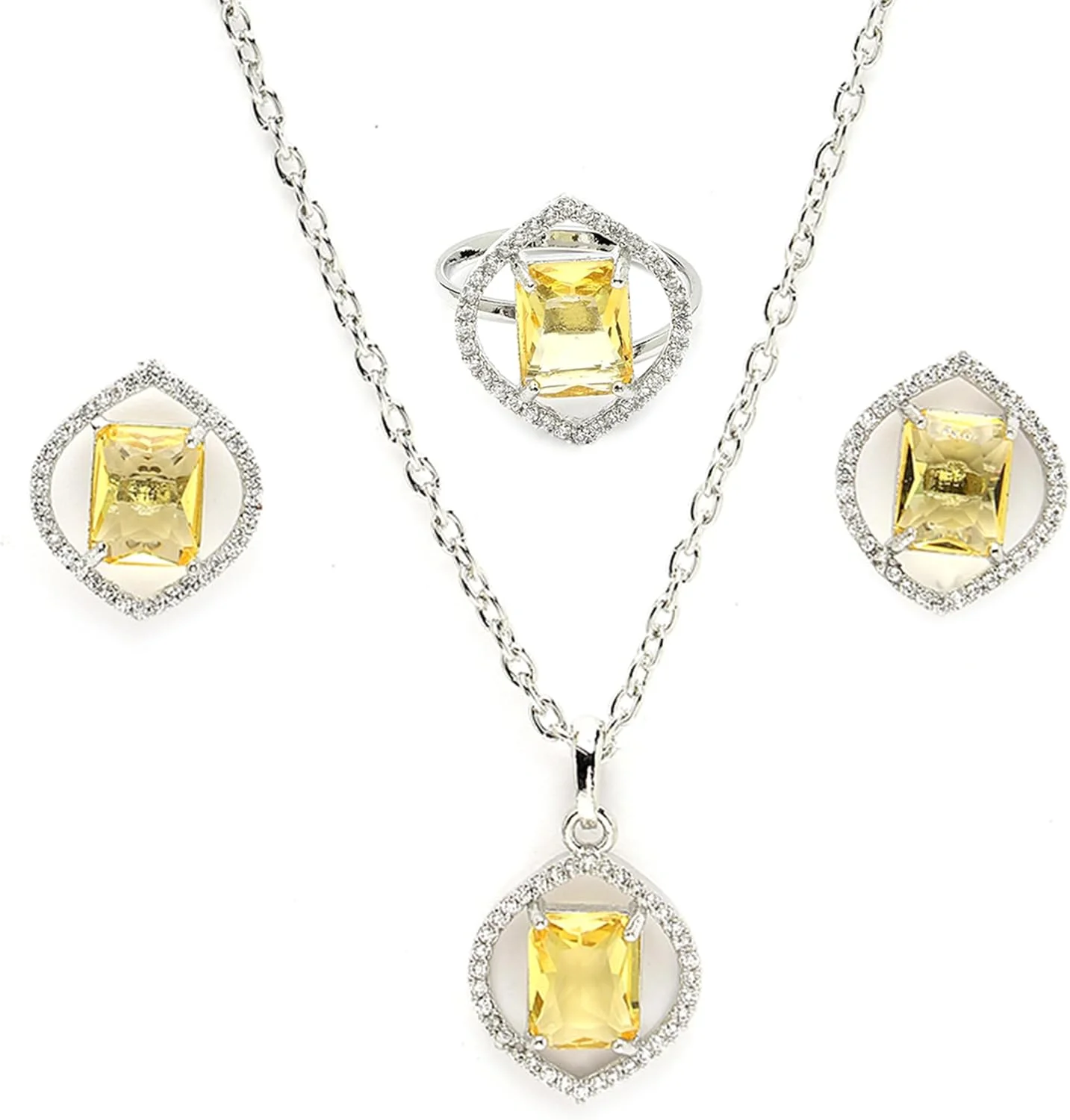 ست جواهرات زنانه شامل گردنبند، انگشتر و گوشواره با روکش نقره، نگین های الماس آمریکایی و طرح هاله مارکیز از برند زنم ست جواهرات زنانه شامل گردنبند، انگشتر و گوشواره با روکش نقره، نگین های الماس آمریکایی و طرح هاله مارکیز از برند زنم