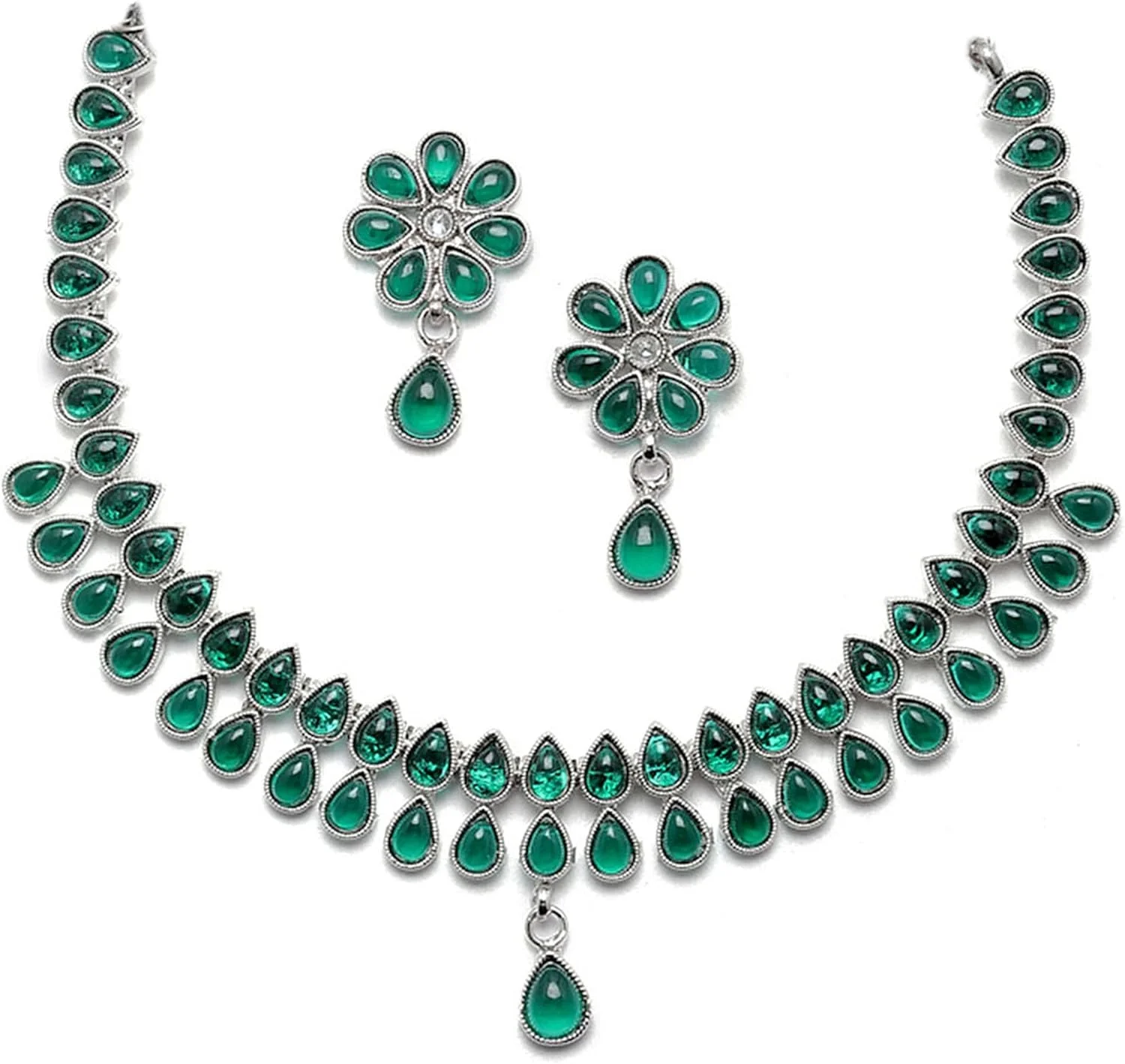 ست جواهرات زنانه و دخترانه شامل گردنبند و گوشواره نقره ای اکسیدایز شده با نگین های اتمی به شکل گلابی ست جواهرات زنانه و دخترانه شامل گردنبند و گوشواره نقره ای اکسیدایز شده با نگین های اتمی به شکل گلابی