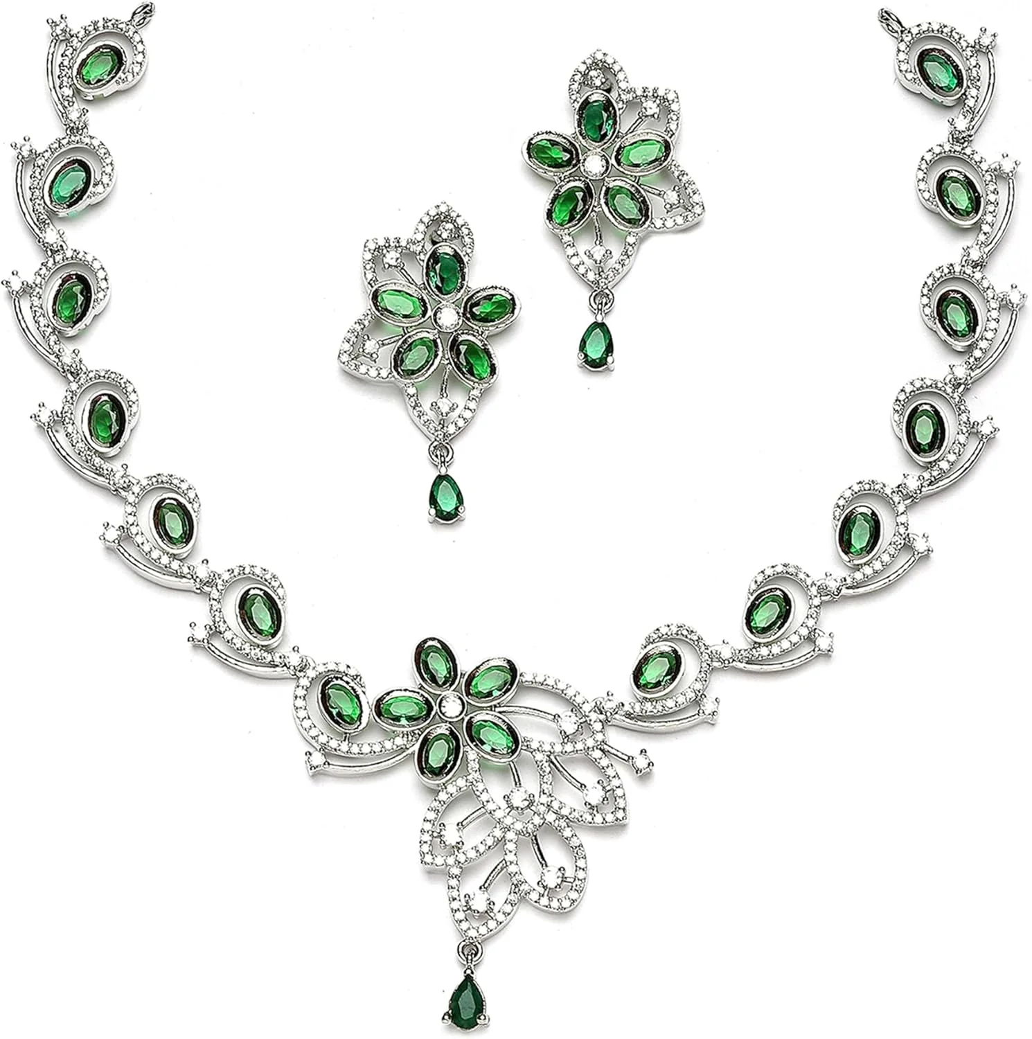 ست گردنبند و گوشواره زنانه نگین دار طرح گل و بته جقه آبکاری شده با رودیوم ZENEME (سبز) ست گردنبند و گوشواره زنانه نگین دار طرح گل و بته جقه آبکاری شده با رودیوم ZENEME (سبز)