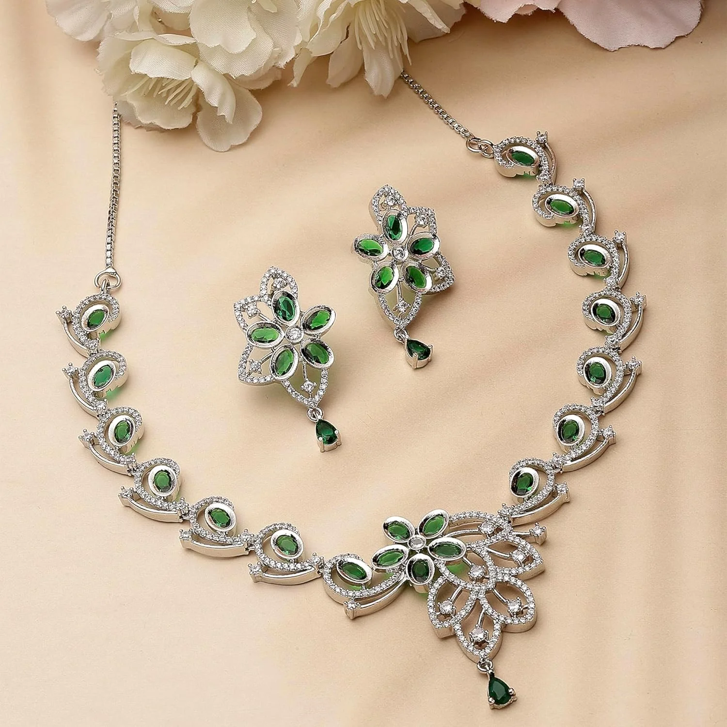 ست گردنبند و گوشواره زنانه نگین دار طرح گل و بته جقه آبکاری شده با رودیوم ZENEME (سبز) ست گردنبند و گوشواره زنانه نگین دار طرح گل و بته جقه آبکاری شده با رودیوم ZENEME (سبز)