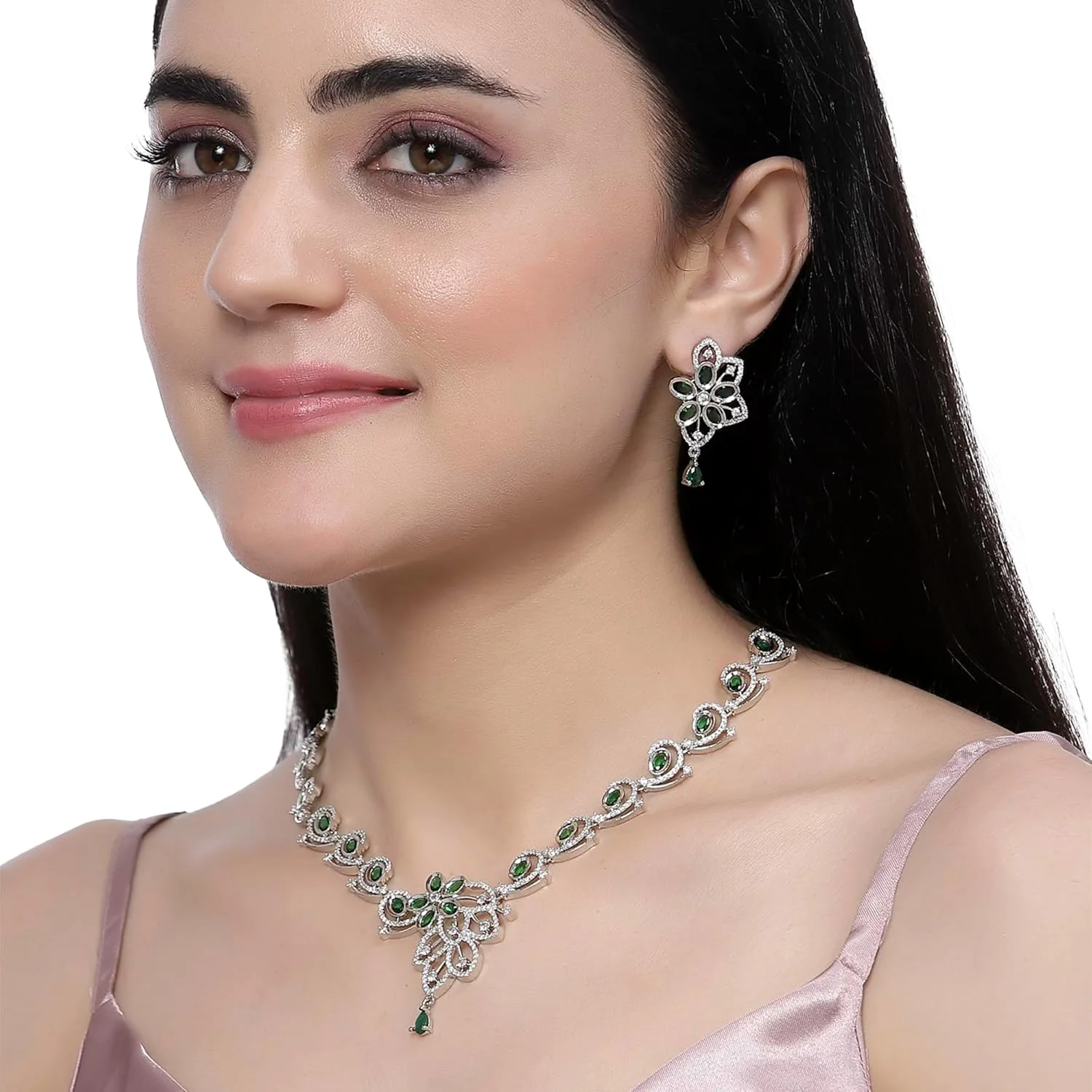 ست گردنبند و گوشواره زنانه نگین دار طرح گل و بته جقه آبکاری شده با رودیوم ZENEME (سبز) ست گردنبند و گوشواره زنانه نگین دار طرح گل و بته جقه آبکاری شده با رودیوم ZENEME (سبز)