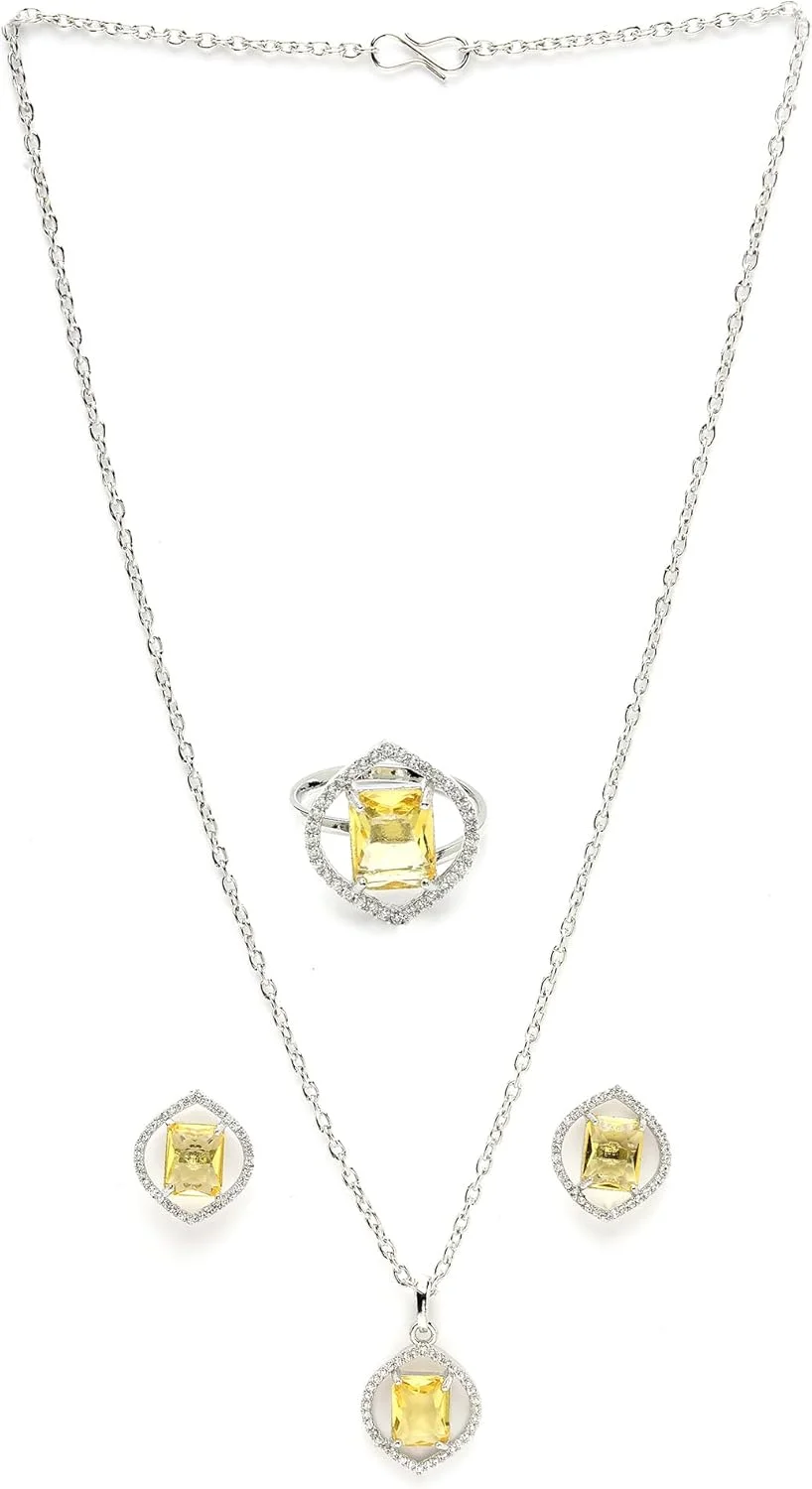 ست جواهرات زنانه شامل گردنبند، انگشتر و گوشواره با روکش نقره، نگین های الماس آمریکایی و طرح هاله مارکیز از برند زنم ست جواهرات زنانه شامل گردنبند، انگشتر و گوشواره با روکش نقره، نگین های الماس آمریکایی و طرح هاله مارکیز از برند زنم