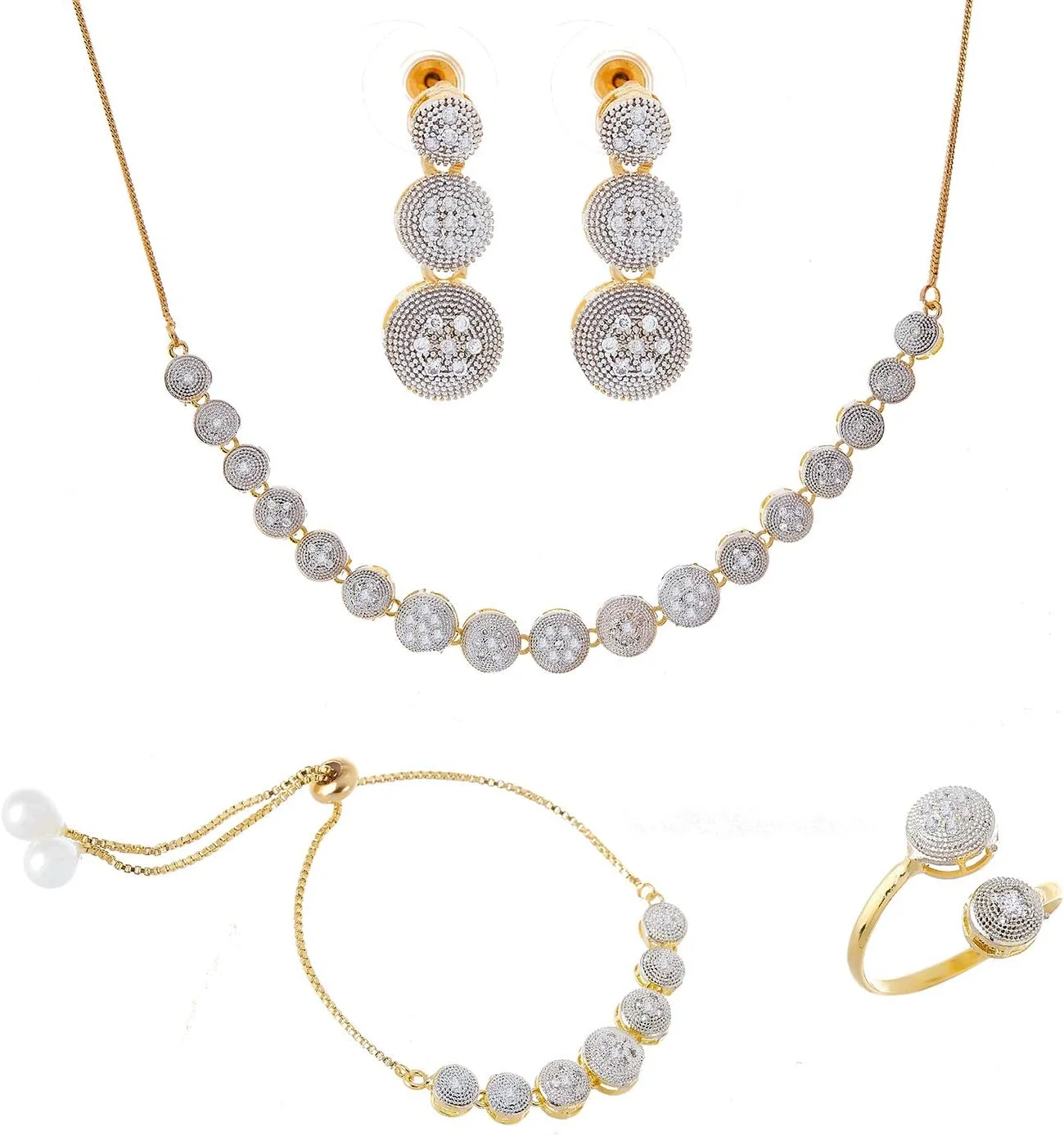 ست گردنبند چوکر، انگشتر، دستبند و گوشواره زنانه نگین زیرکونیا روکش طلا Zeneme - بسته 4 عددی ست گردنبند چوکر، انگشتر، دستبند و گوشواره زنانه نگین زیرکونیا روکش طلا Zeneme - بسته 4 عددی