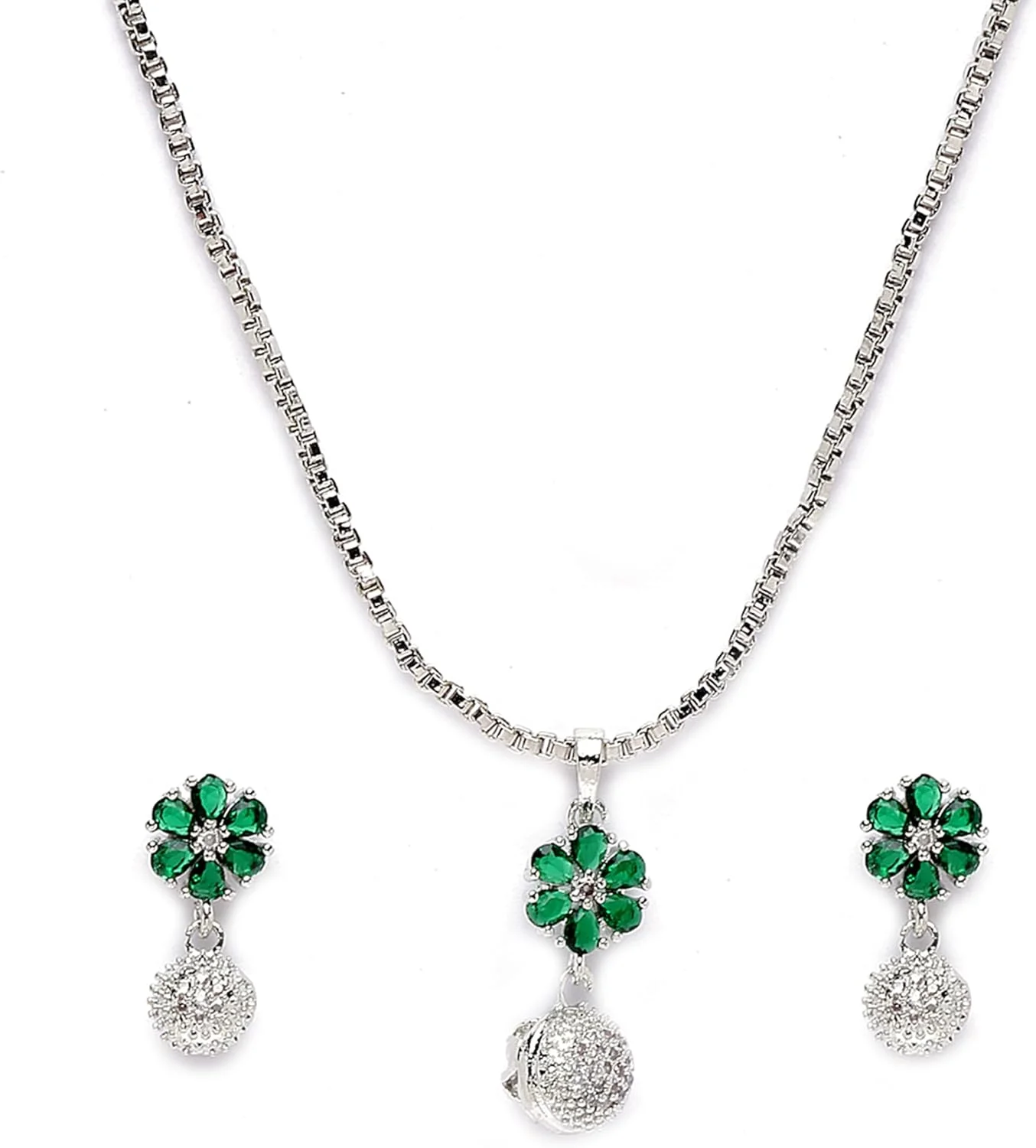 ست زیورآلات زنانه شامل گردنبند نقره ای رنگ با روکش رودیوم و طرح گل نگین دار زیرکونیا به همراه گوشواره ست زیورآلات زنانه شامل گردنبند نقره ای رنگ با روکش رودیوم و طرح گل نگین دار زیرکونیا به همراه گوشواره