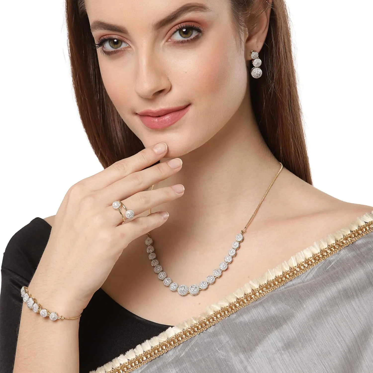 ست گردنبند چوکر، انگشتر، دستبند و گوشواره زنانه نگین زیرکونیا روکش طلا Zeneme - بسته 4 عددی ست گردنبند چوکر، انگشتر، دستبند و گوشواره زنانه نگین زیرکونیا روکش طلا Zeneme - بسته 4 عددی