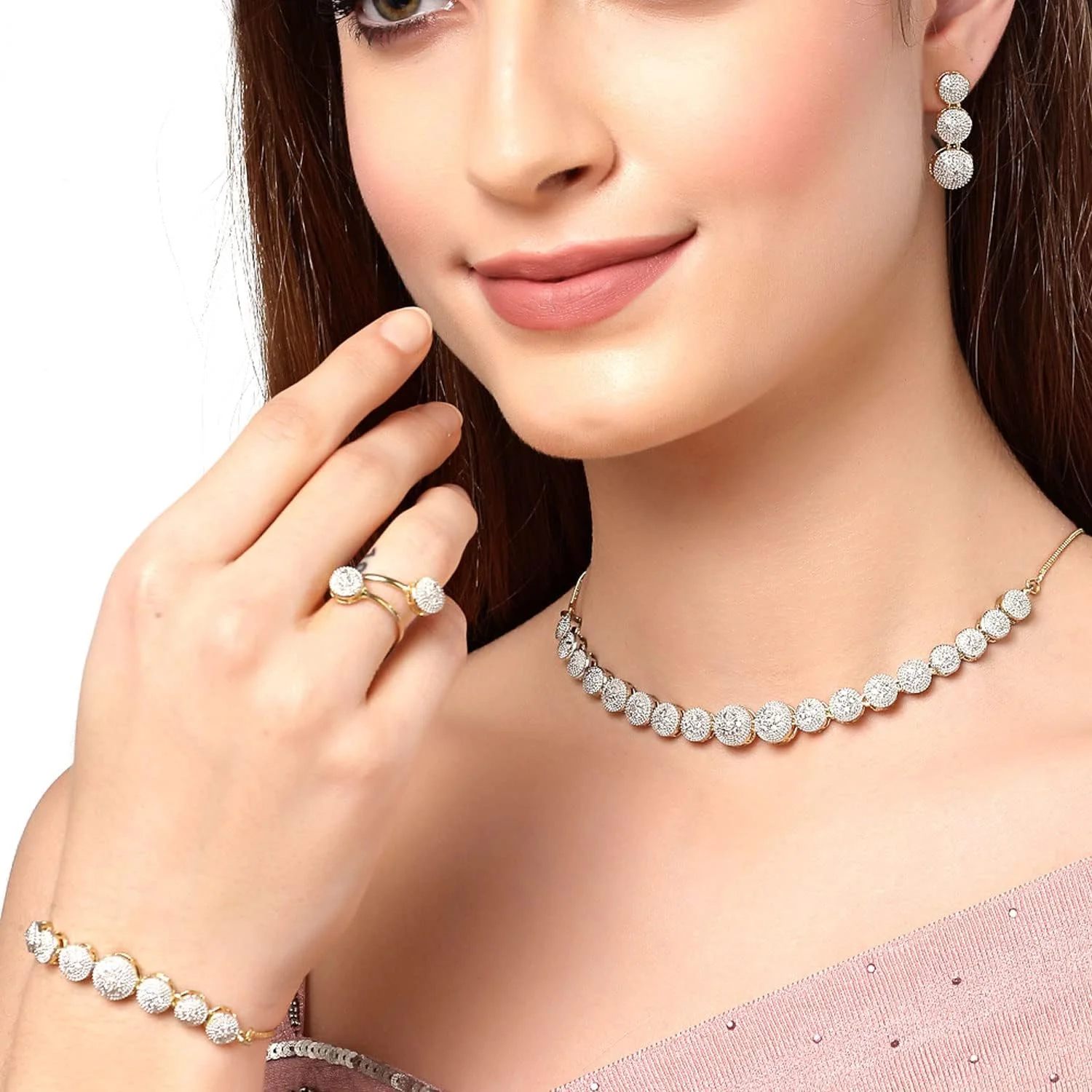 ست گردنبند چوکر، انگشتر، دستبند و گوشواره زنانه نگین زیرکونیا روکش طلا Zeneme - بسته 4 عددی ست گردنبند چوکر، انگشتر، دستبند و گوشواره زنانه نگین زیرکونیا روکش طلا Zeneme - بسته 4 عددی