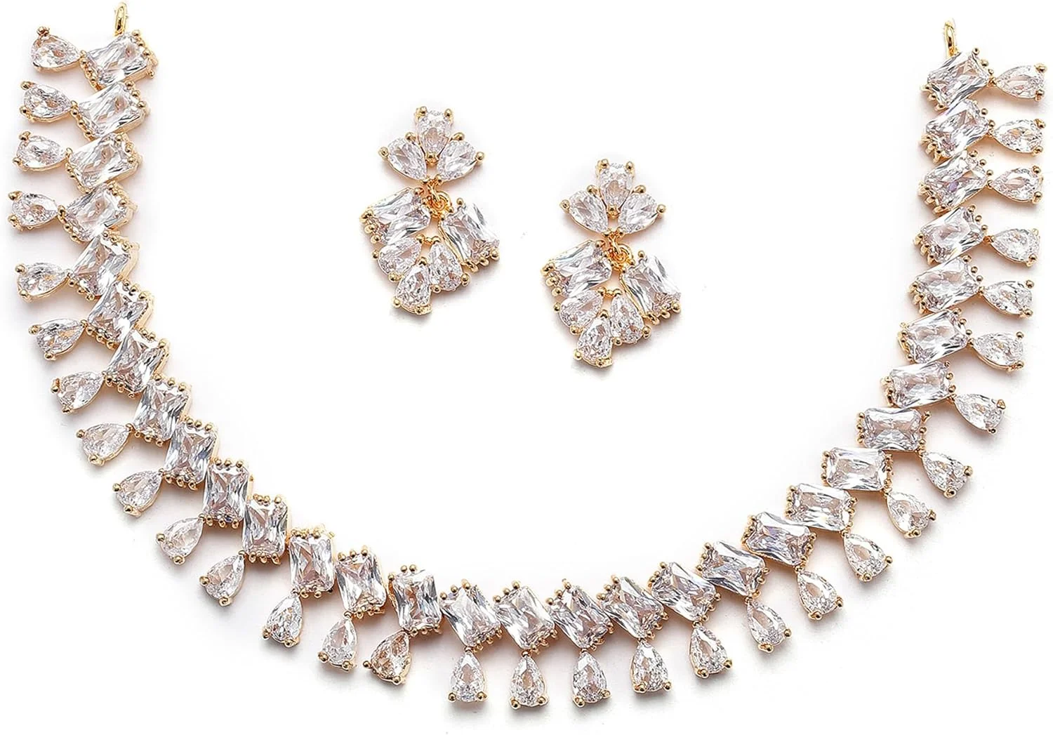 ست گردنبند و گوشواره زنانه زنم مدل اشکی با روکش رودیوم و نگین های اتمی (سفید و طلایی) ست گردنبند و گوشواره زنانه زنم مدل اشکی با روکش رودیوم و نگین های اتمی (سفید و طلایی)