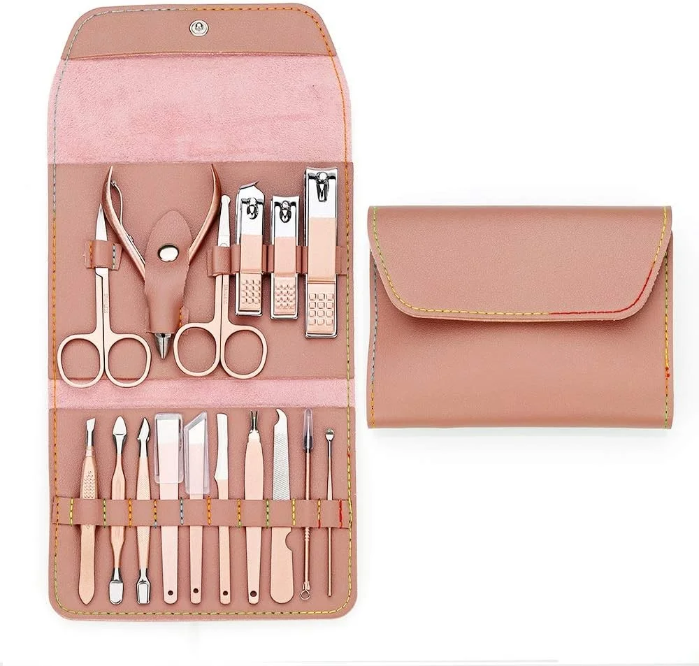 ست مانیکور 16 تکه ای، ست ناخن گیر رزگلد، قیچی ناخن استیل ضد زنگ حرفه ای، موچین و ابزار مراقبت از دست و پای خانواده، ست ناخن گیر (رنگ: 16 تکه در ست)