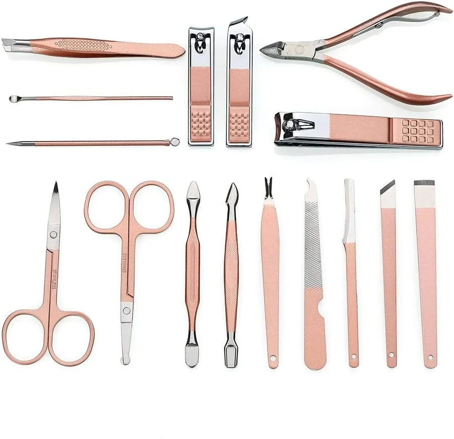 ست مانیکور 16 تکه ای، ست ناخن گیر رزگلد، قیچی ناخن استیل ضد زنگ حرفه ای، موچین و ابزار مراقبت از دست و پای خانواده، ست ناخن گیر (رنگ: 16 تکه در ست)