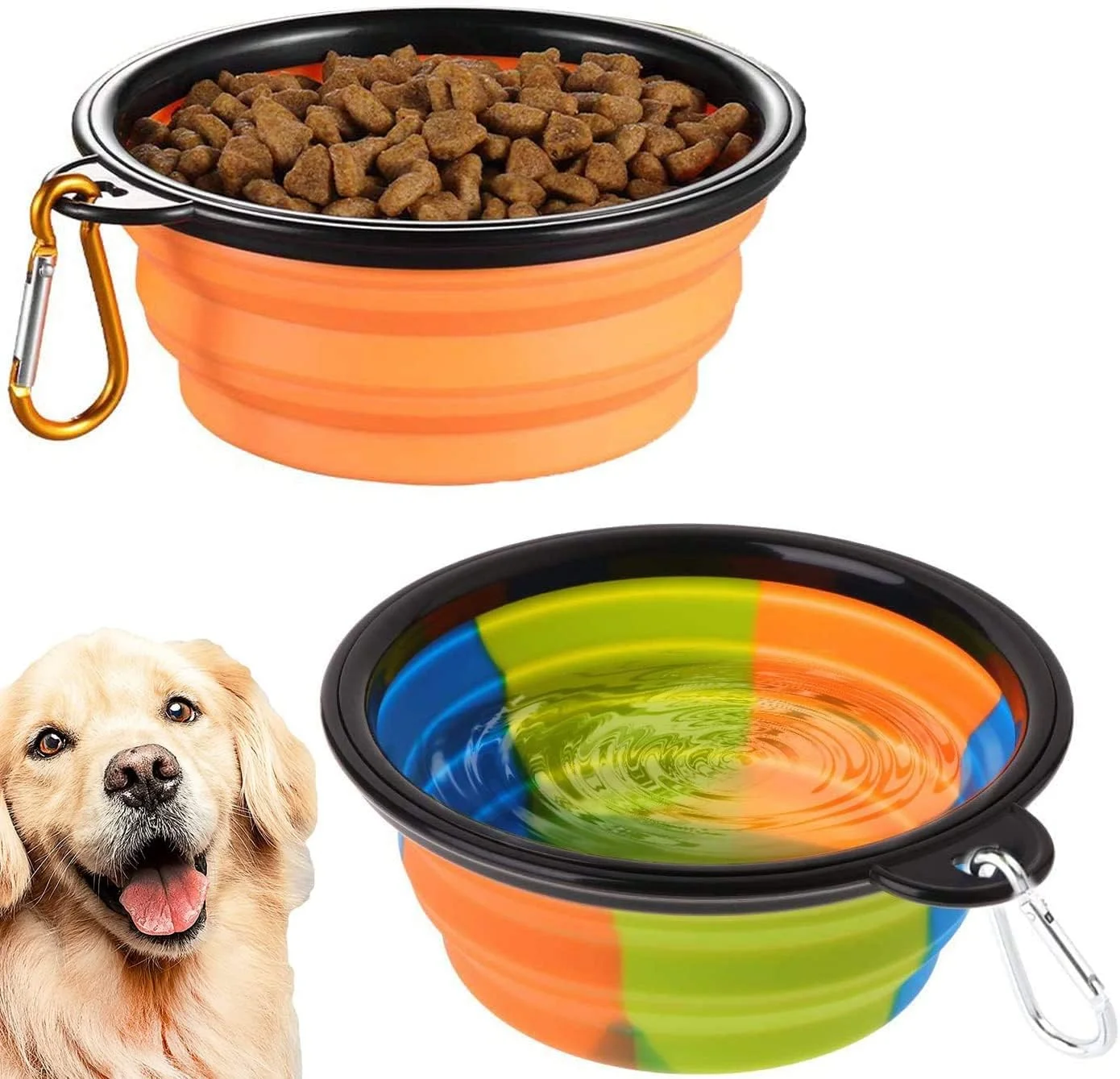 ظرف تاشو سگ ELECDON، کاسه های آب و غذای سیلیکونی تاشو، فنجان تغذیه حیوانات خانگی قابل گسترش، مناسب پیاده روی، پارک، مسافرت، کمپینگ، دارای گیره کارابین و آویز شناسایی حیوانات خانگی برای سگ ها و گربه ها، 2 عدد