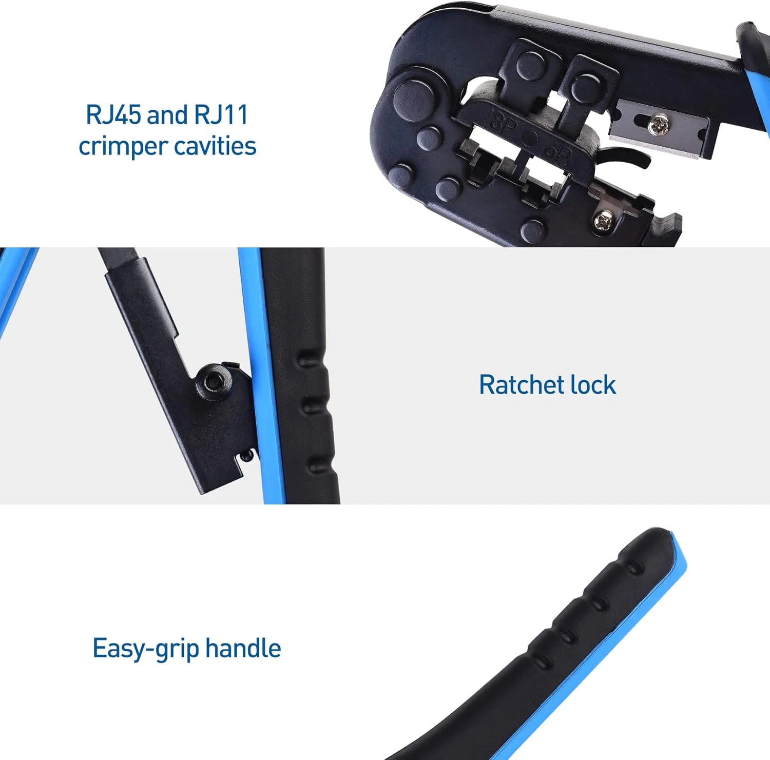 ابزار پرس RJ45 ماژولار Cable Matters (پرس اترنت) با سیم چین و استریپر داخلی - شامل بسته 10 عددی کانکتور Cat6 RJ45