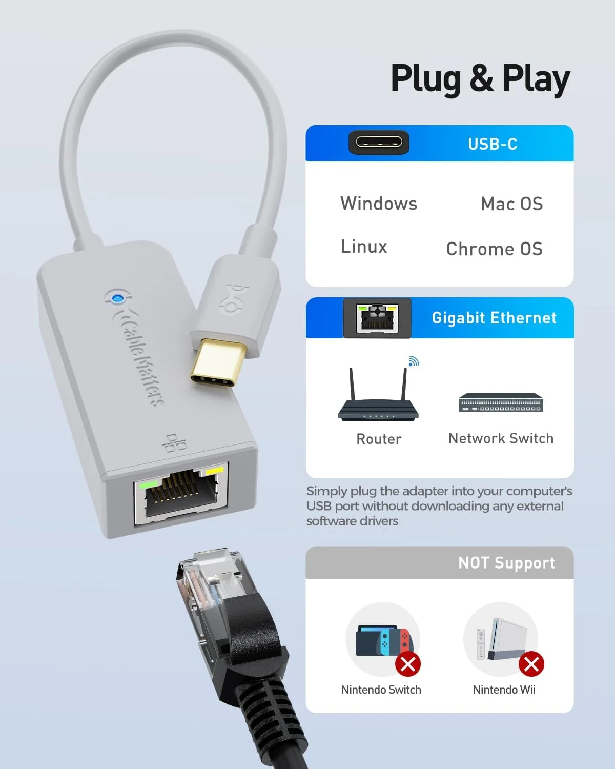 آداپتور USB C به گیگابیت اترنت Cable Matters (تایید شده برای کار با Chromebook) آداپتور USB C به گیگابیت اترنت Cable Matters (تایید شده برای کار با Chromebook)