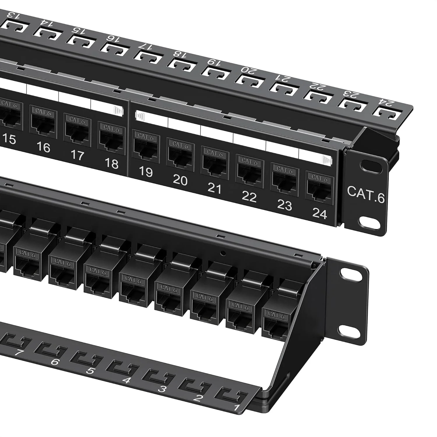 پچ پنل اترنت Cat6 کابل Matters با 24 پورت 10 گیگابیتی، 1U 19 اینچی، با کیستون خطی و میله مدیریت کابل، پچ پنل شبکه قابل نصب در رک یا دیوار / پچ پنل RJ45