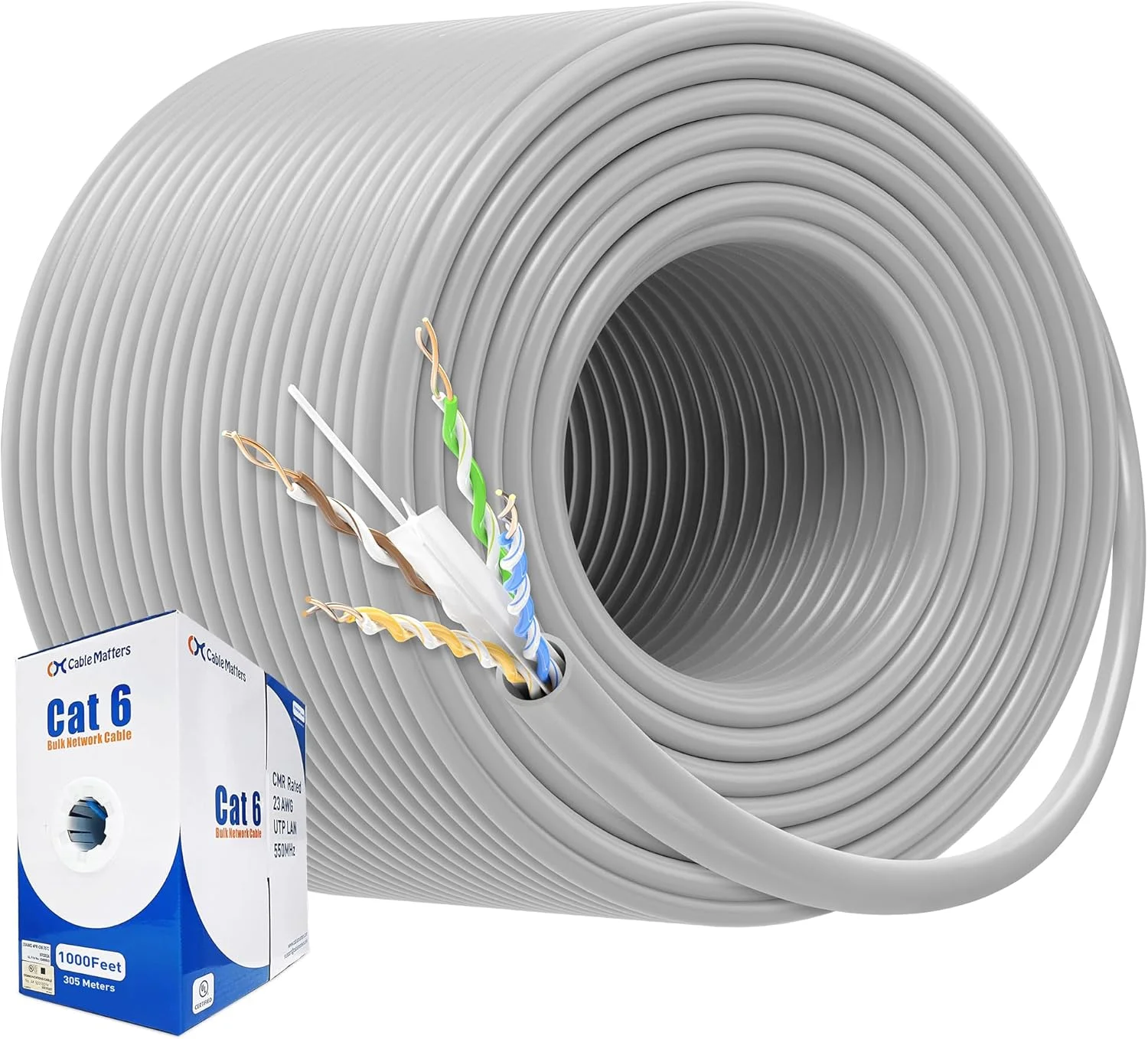 کابل شبکه Cat6 مس خالص Cable Matters با سرعت 10 گیگابیت بر ثانیه، دارای تاییدیه UL و مناسب برای استفاده داخل دیوار (CM)، طول 305 متر (کابل Cat6 حلقه ای 305 متری، کابل اترنت Cat6، کابل اینترنت، کابل شبکه) - رنگ خاکستری