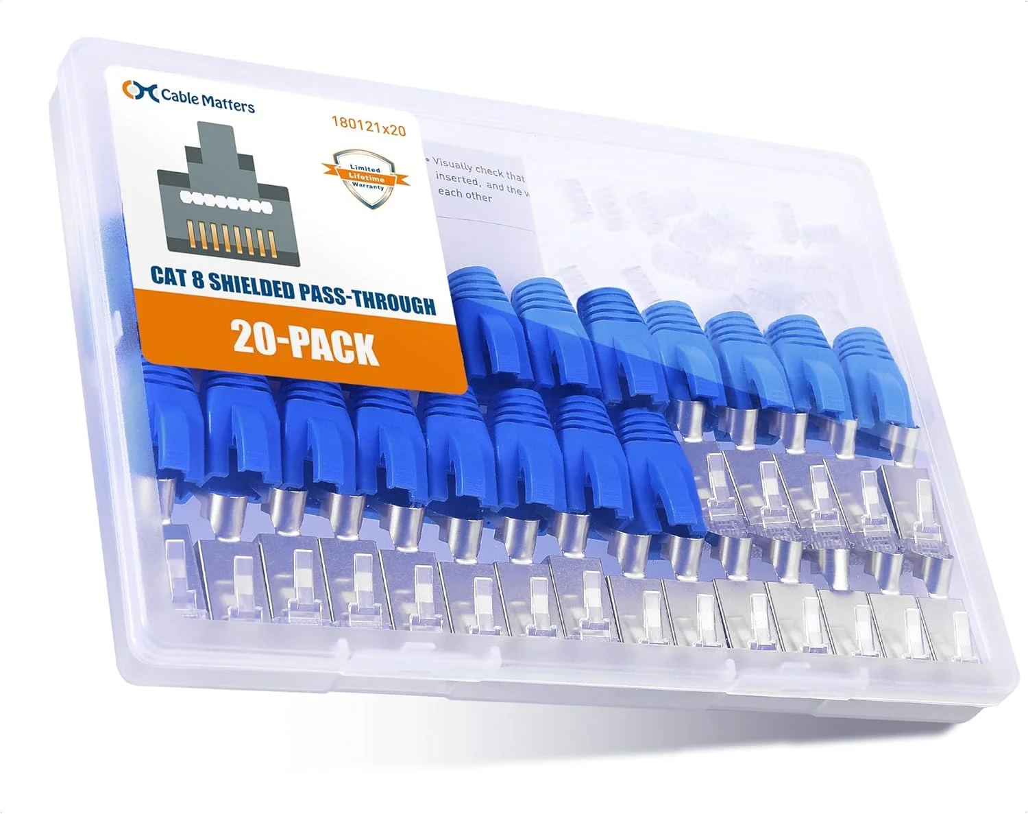 بسته 20 عددی کانکتور Cat8 RJ45 شیلددار عبوری Cable Matters با میله بار و روکش محافظ کابل، پلاگ های عبوری Cat 8 RJ45، سازگار با کابل 22AWG نیست