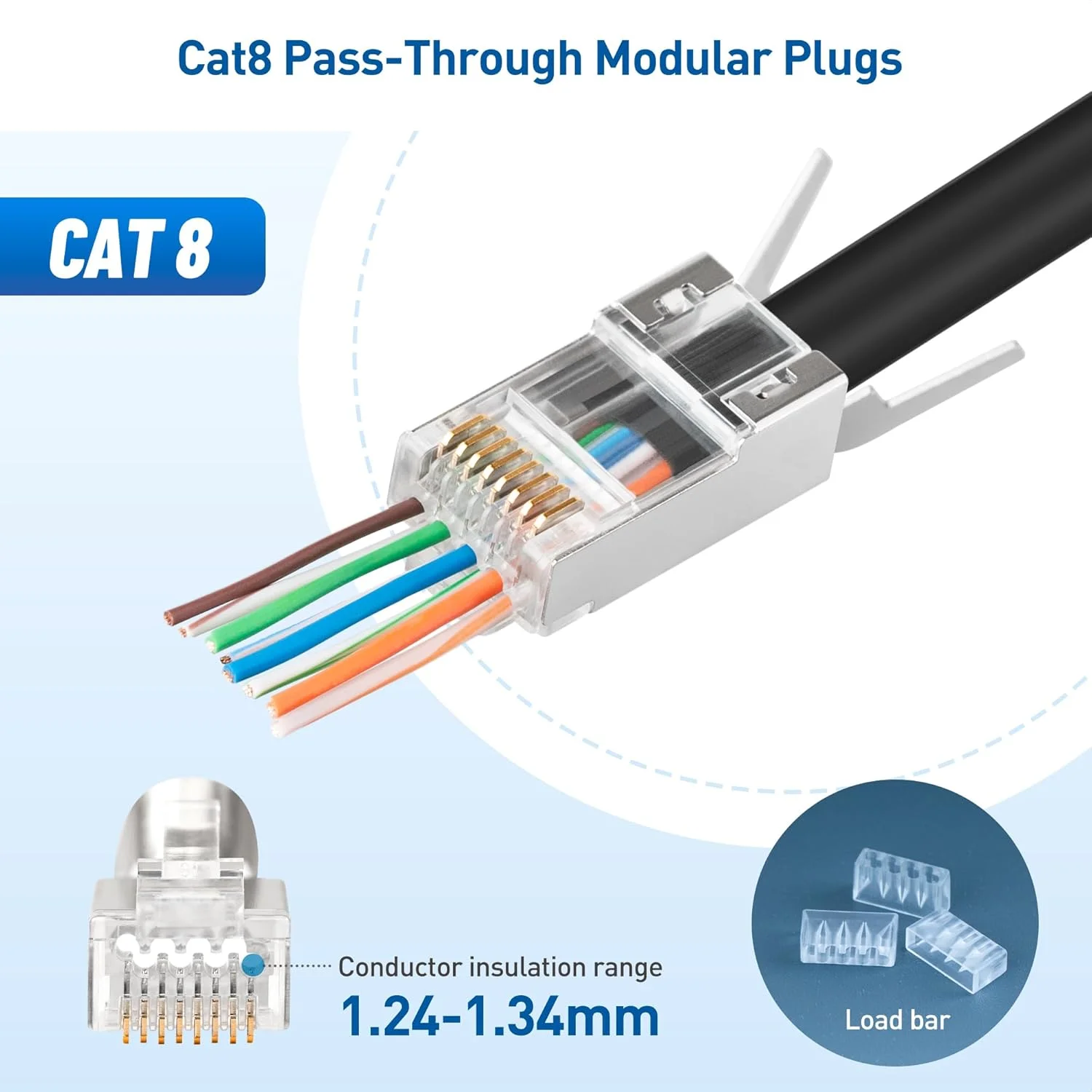 بسته 20 عددی کانکتور Cat8 RJ45 شیلددار عبوری Cable Matters با میله بار و روکش محافظ کابل، پلاگ های عبوری Cat 8 RJ45، سازگار با کابل 22AWG نیست بسته 20 عددی کانکتور Cat8 RJ45 شیلددار عبوری Cable Matters با میله بار و روکش محافظ کابل، پلاگ های عبوری Cat 8 RJ45، سازگار با کابل 22AWG نیست