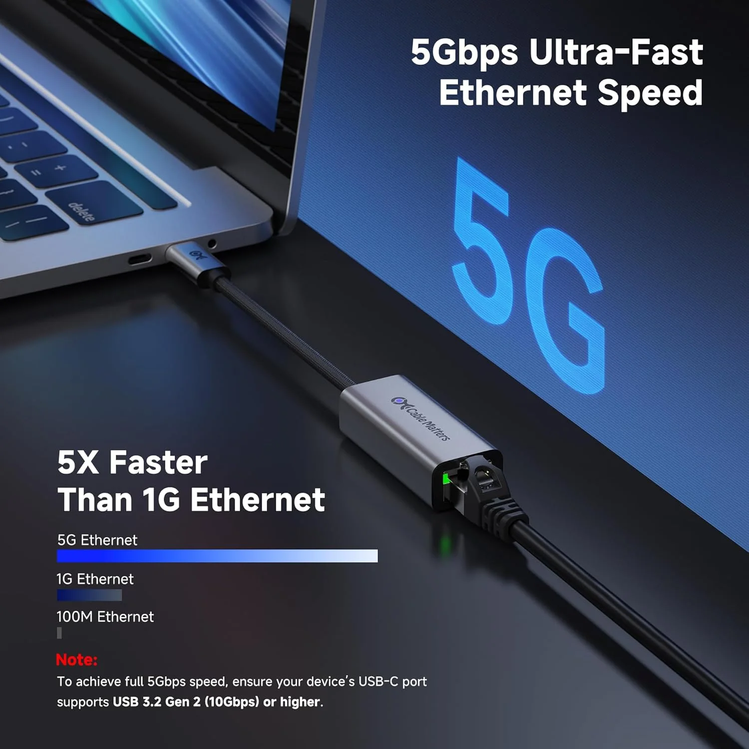 آداپتور USB-C به اترنت 5 گیگابیتی Cable Matters، سرعت شبکه 5 گیگابیتی، آداپتور USB-C به اترنت سازگار با USB 4، Thunderbolt 4/5، اتصال آسان برای MacBook، لپ تاپ و دستگاه های USBC
