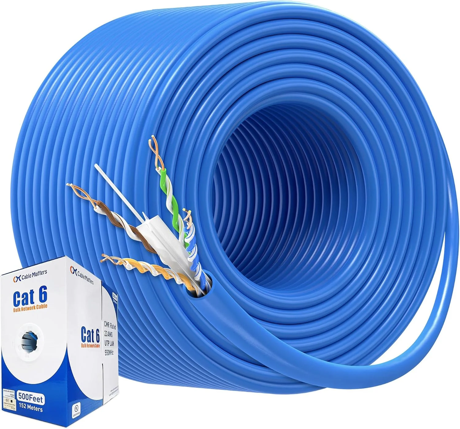 کابل شبکه Cat6 مسی Cable Matters با سرعت 10 گیگابیت بر ثانیه، مناسب دیوار، دارای استاندارد CM، با سیم 23AWG، طول 500 فوت (کابل Cat6 عمده 500 فوت، کابل اترنت Cat6، کابل اینترنت، کابل شبکه) - آبی