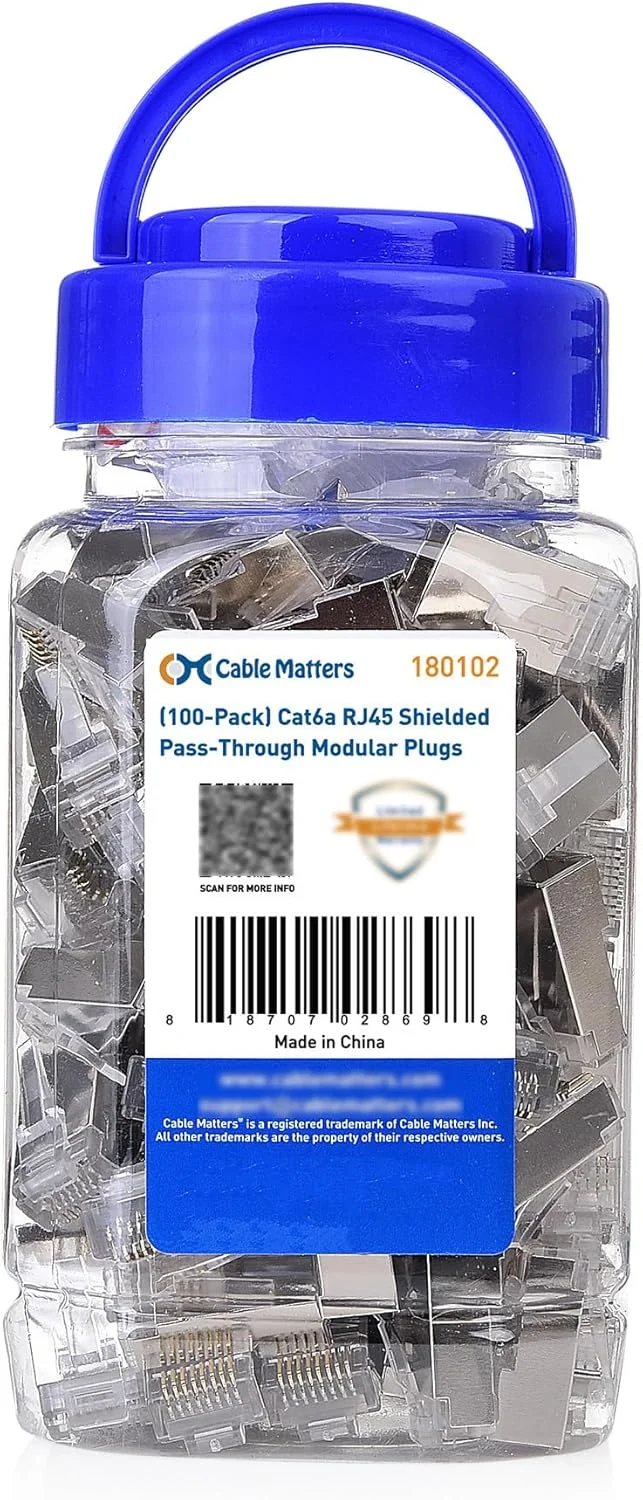 اتصالات RJ45 عبوری محافظ دار Cable Matters Cat 6A، بسته 100 عددی (اتصالات Cat 6A / کانکتور Cat6A / پلاگین های ماژولار RJ45 / پلاگین های اترنت / کانکتور شبکه) برای کابل اترنت S/FTP مفتولی یا رشته ای اتصالات RJ45 عبوری محافظ دار Cable Matters Cat 6A، بسته 100 عددی (اتصالات Cat 6A / کانکتور Cat6A / پلاگین های ماژولار RJ45 / پلاگین های اترنت / کانکتور شبکه) برای کابل اترنت S/FTP مفتولی یا رشته ای