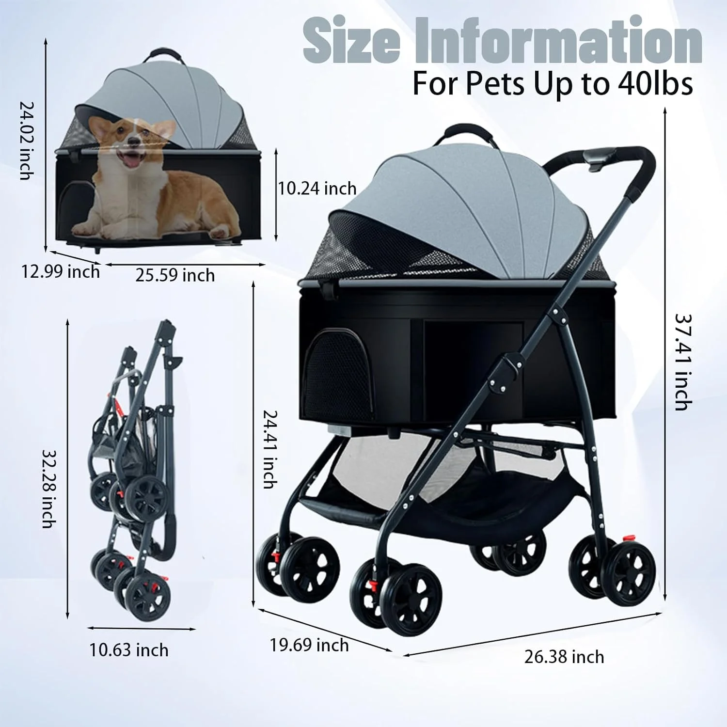 کالسکه سگ 3 در 1 ZHUOKECE، کالسکه تاشو سبک وزن سگ، کالسکه مسافرتی گربه تا 25 کیلوگرم، واگن مسافرتی سگ، واگن دونده حیوانات خانگی با سبد برای سگ های کوچک متوسط (خاکستری)