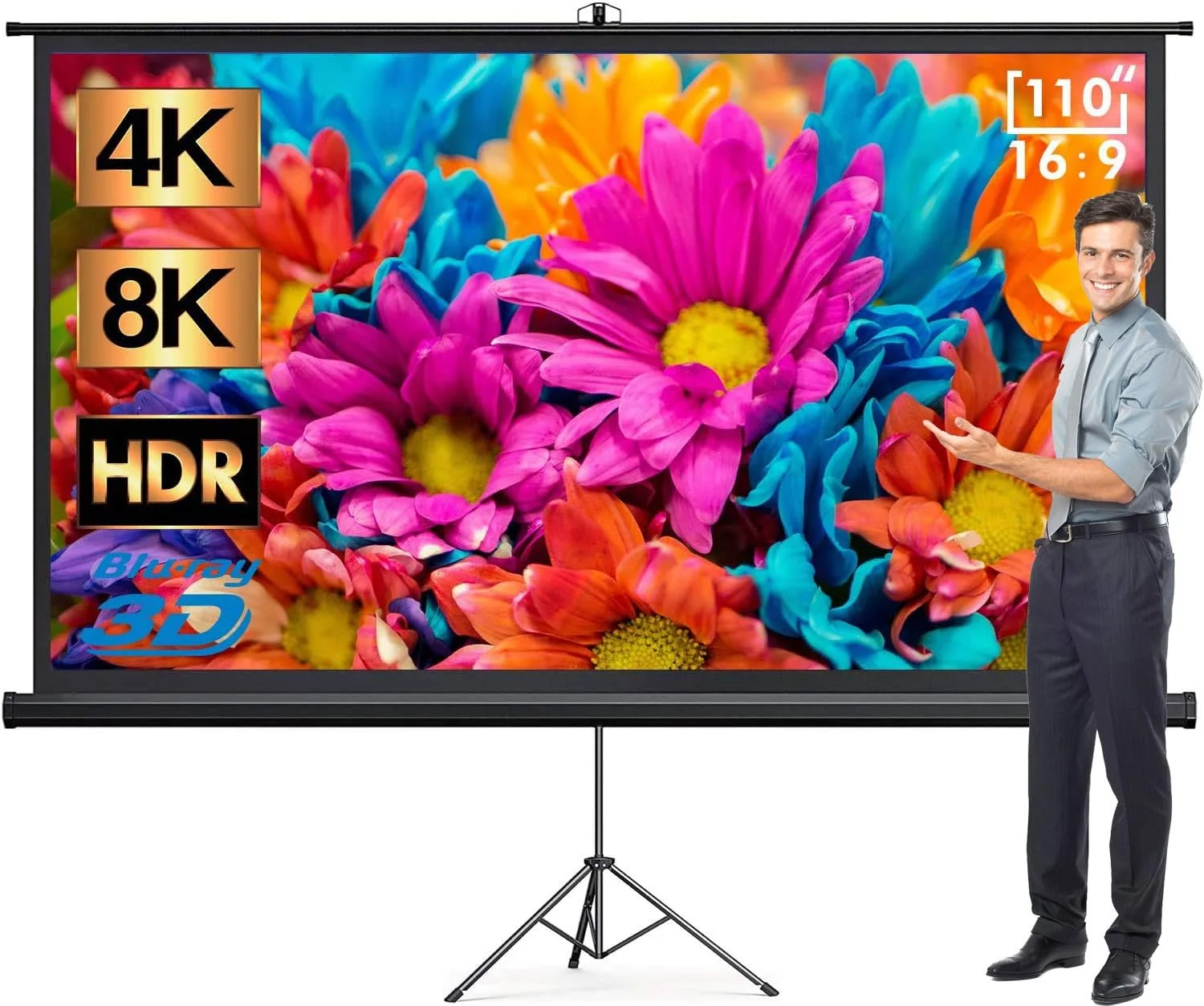 پرده نمایش پروژکتور Aoxun با پایه 110 اینچ 16:9، پرده نمایش PVC داخلی و خارجی 4K HD، بدون چروک، بهره 1.2، زاویه دید 160 درجه، برای فیلم، جلسه، مدرسه