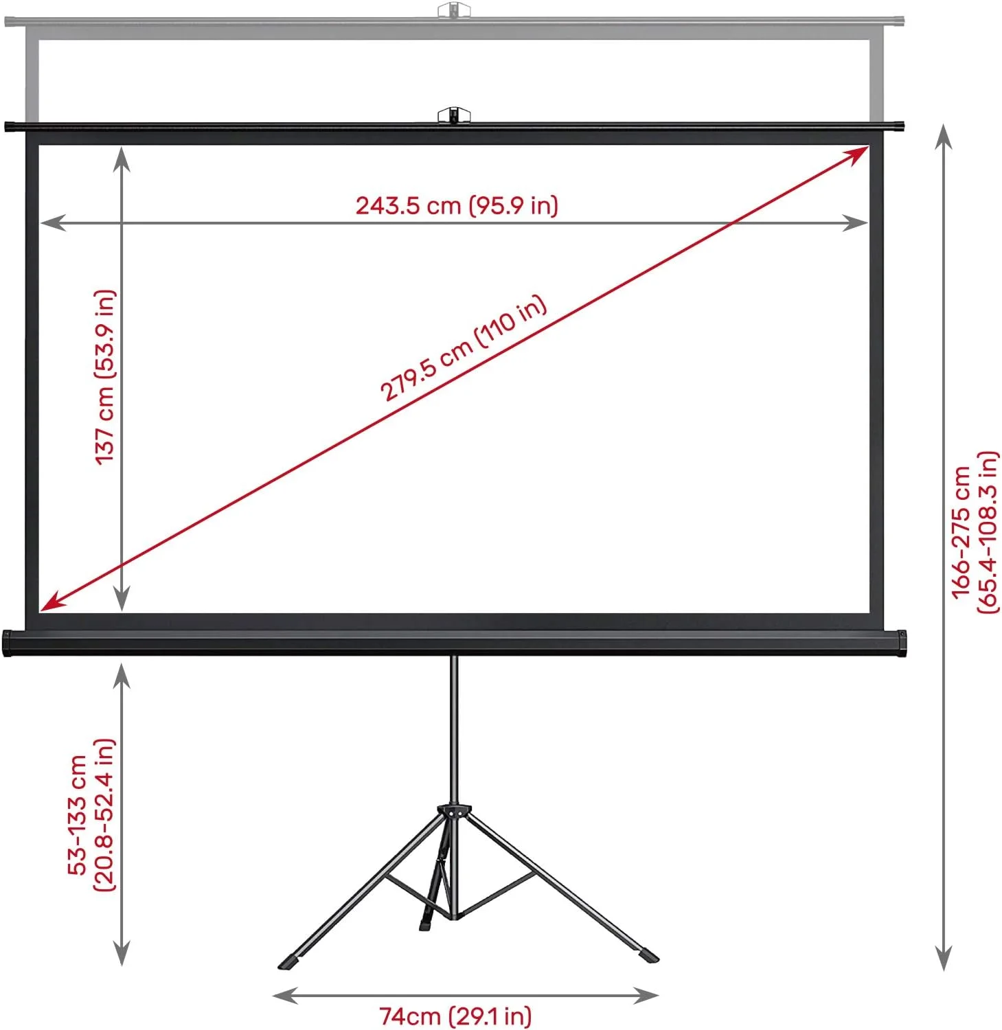 پرده نمایش پروژکتور Aoxun با پایه 110 اینچ 16:9، پرده نمایش PVC داخلی و خارجی 4K HD، بدون چروک، بهره 1.2، زاویه دید 160 درجه، برای فیلم، جلسه، مدرسه