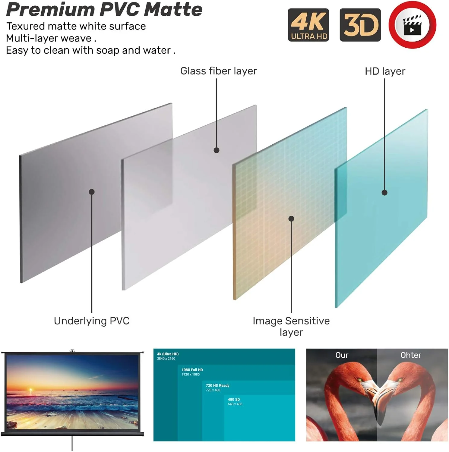 پرده نمایش پروژکتور Aoxun با پایه 110 اینچ 16:9، پرده نمایش PVC داخلی و خارجی 4K HD، بدون چروک، بهره 1.2، زاویه دید 160 درجه، برای فیلم، جلسه، مدرسه