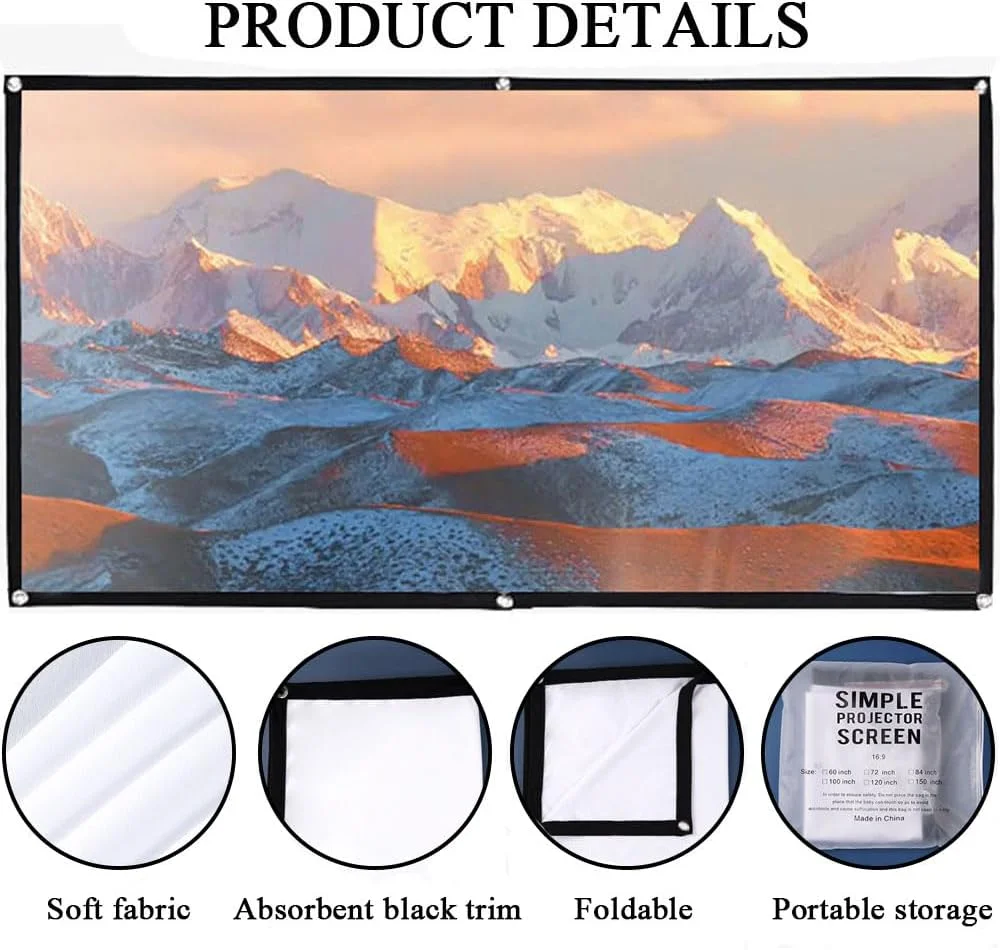 پرده نمایش پروژکتور خانگی AndThere، پرده نمایش قابل حمل 16:9، پرده نمایش فیلم های داخلی و خارجی، پرده پروژکتور تاشو HD، پرده نمایش ضد چروک (72 اینچ)