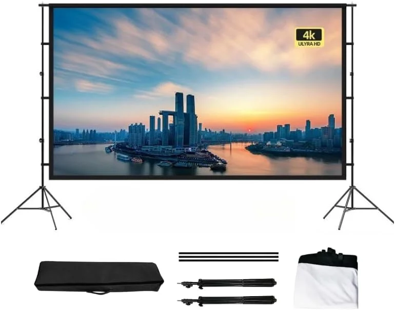 پرده نمایش پروژکتور آرانجلی، پرده نمایش داخلی و خارجی با پایه و کیف حمل، قابل حمل، تاشو، جمع شونده، ضد چروک 16:9 HD 4K برای سینمای خانگی و حیاط خلوت (100 اینچ)