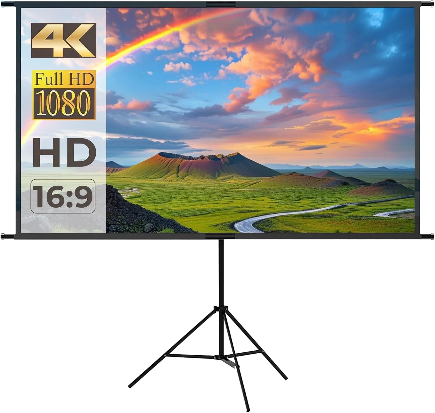 پرده نمایش پروژکتور Beauenty، 100 اینچ، تاشو، بهره 2.4، نسبت تصویر 16:9، 4K، مناسب فضای داخلی و خارجی، ضد چروک، سبک وزن، قابل حمل (پایه - 100 اینچ)