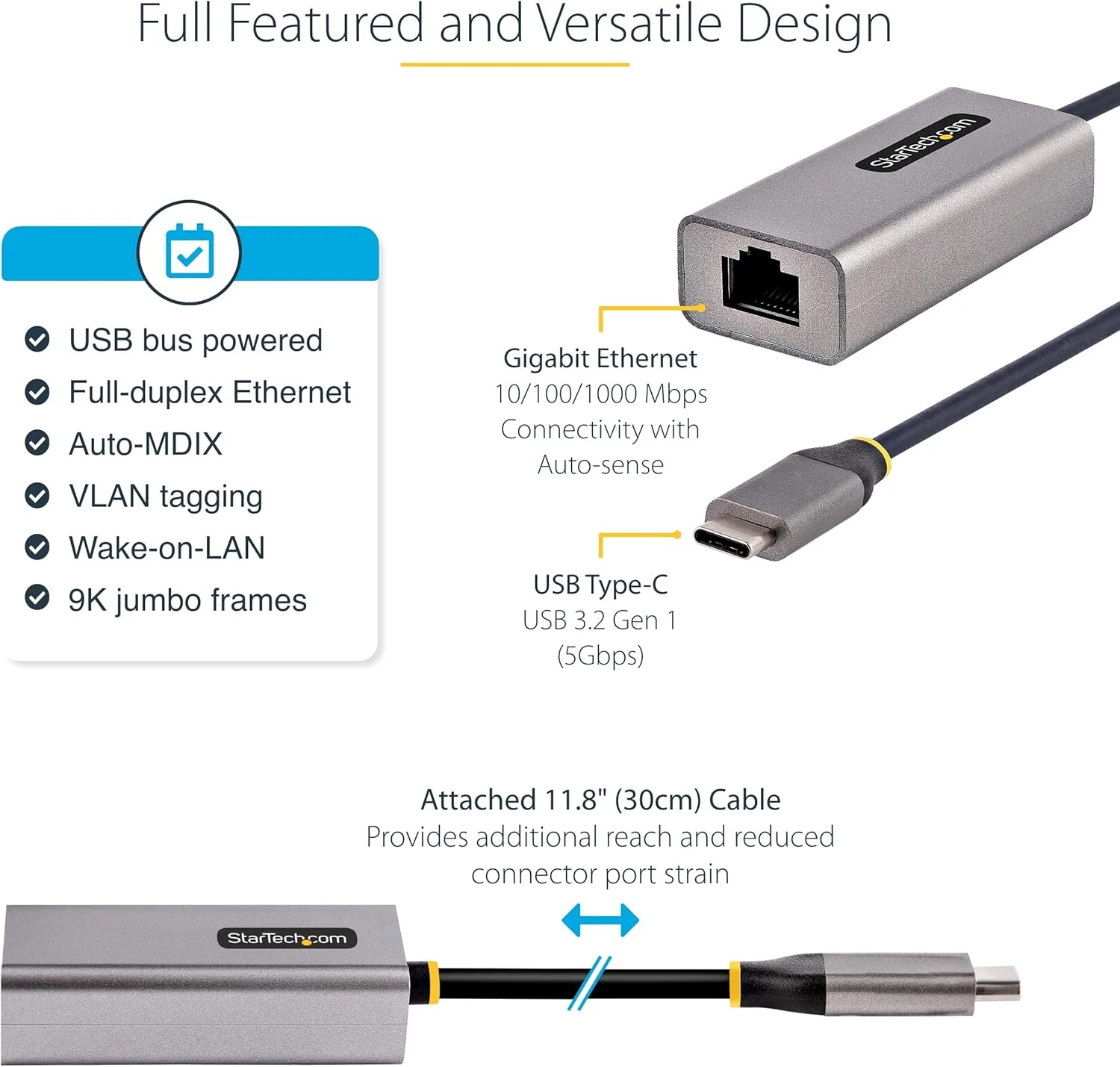 آداپتور USB-C به اترنت StarTech.com، آداپتور شبکه USB 3.0 به گیگابیت اترنت - 10/100/1000 مگابیت بر ثانیه، آداپتور USB-C به RJ45 اترنت (GbE)، کابل متصل 12 اینچی، نصب بدون نیاز به درایور (US1GC30B2) آداپتور USB-C به اترنت StarTech.com، آداپتور شبکه USB 3.0 به گیگابیت اترنت - 10/100/1000 مگابیت بر ثانیه، آداپتور USB-C به RJ45 اترنت (GbE)، کابل متصل 12 اینچی، نصب بدون نیاز به درایور (US1GC30B2)