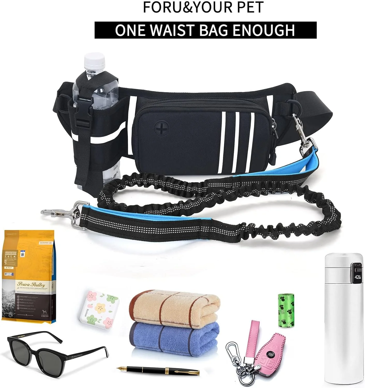 کمربند بند سگ NALACAL با جا بطری آب، کمربند چند منظوره ارتقا یافته، کیف کمری موبایل مناسب دویدن و تناسب اندام با بند سگ الاستیک، کمربند کاربردی ضد آب برای نژادهای متوسط/بزرگ