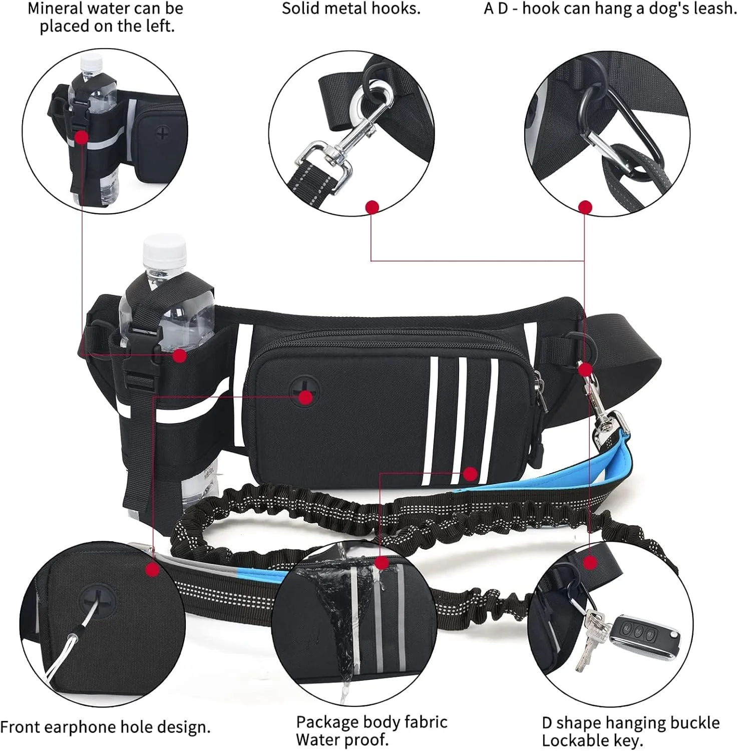 کمربند بند سگ NALACAL با جا بطری آب، کمربند چند منظوره ارتقا یافته، کیف کمری موبایل مناسب دویدن و تناسب اندام با بند سگ الاستیک، کمربند کاربردی ضد آب برای نژادهای متوسط/بزرگ
