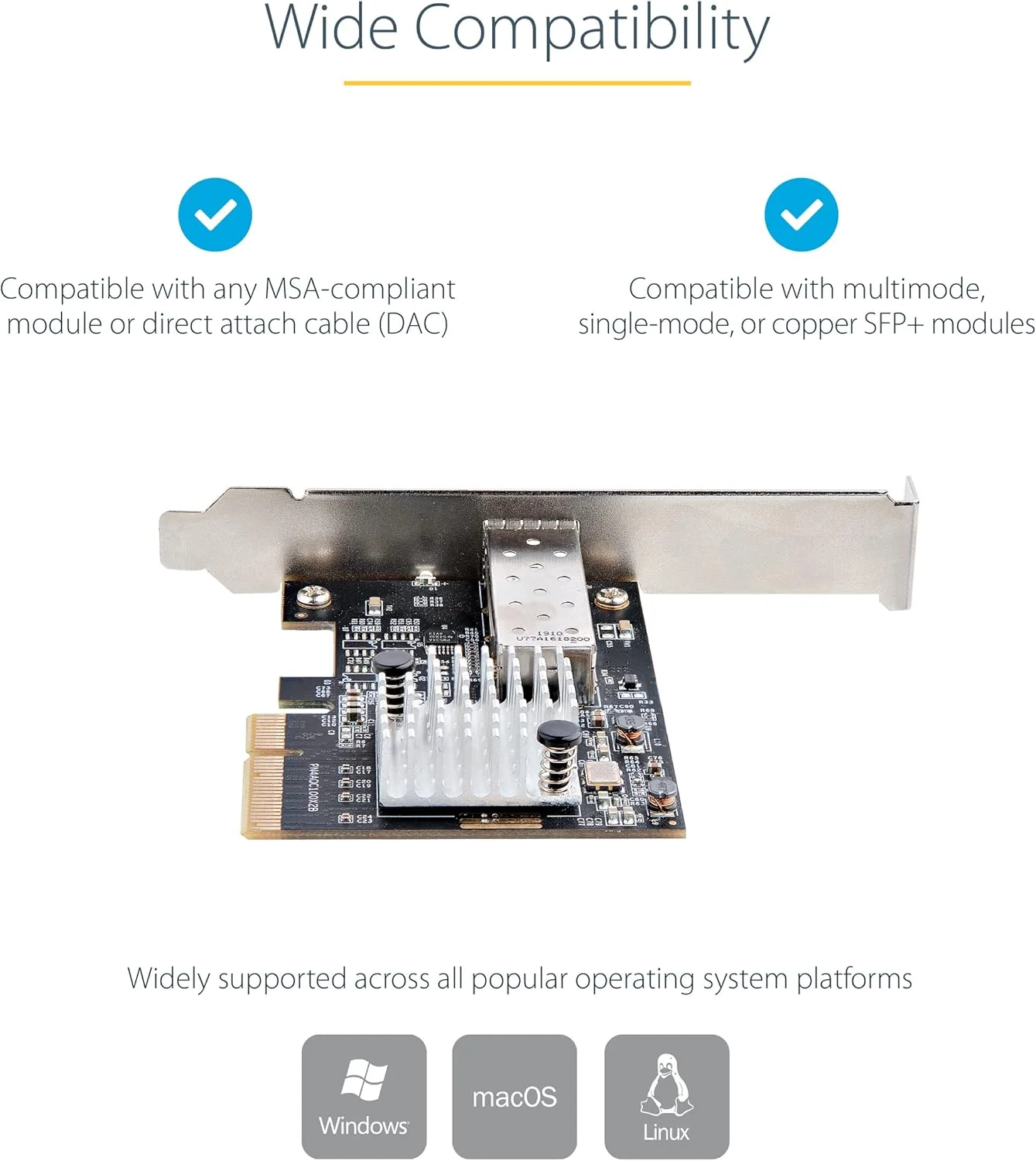 کارت شبکه فیبر نوری 10G PCIe SFP+ استار تک - آداپتور شبکه تک پورت SFP+ - SFP+ باز برای ماژول های سازگار با MSA / کابل های اتصال مستقیم - کارت شبکه PCI Express SFP+ ده گیگابیتی (PEX10GSFP)