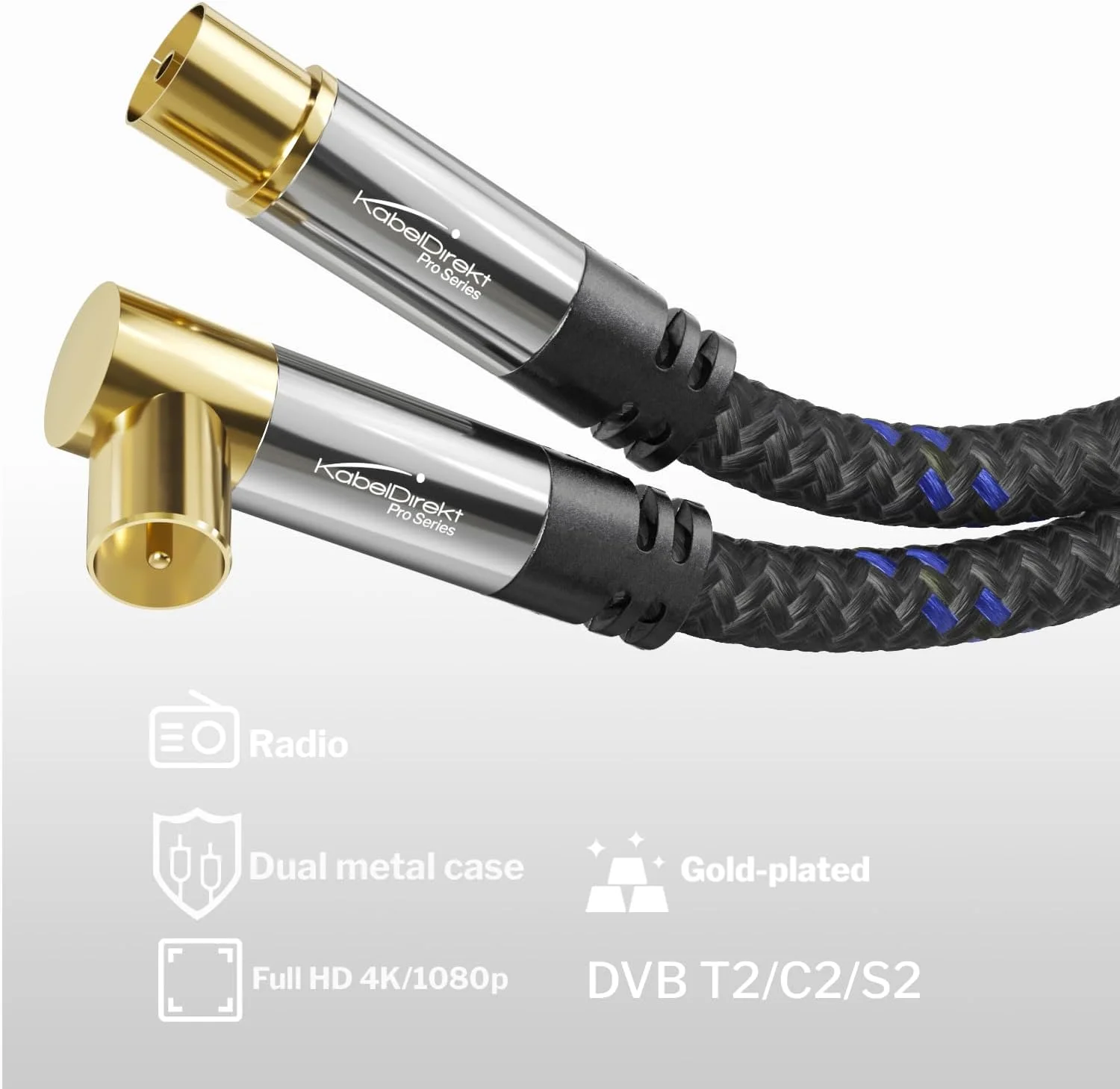 کابل آنتن 4K با روکش نایلونی بافته شده، کابل تلویزیون با کانکتور مستقیم/زاویه دار 90 درجه - 15 متر - پلاگ های فلزی مقاوم در برابر شکست برای تلویزیون دیجیتال و آنالوگ (مادگی مستقیم به نری زاویه دار برای DVB-C، DVB-T، DVB-S) - CableDirect