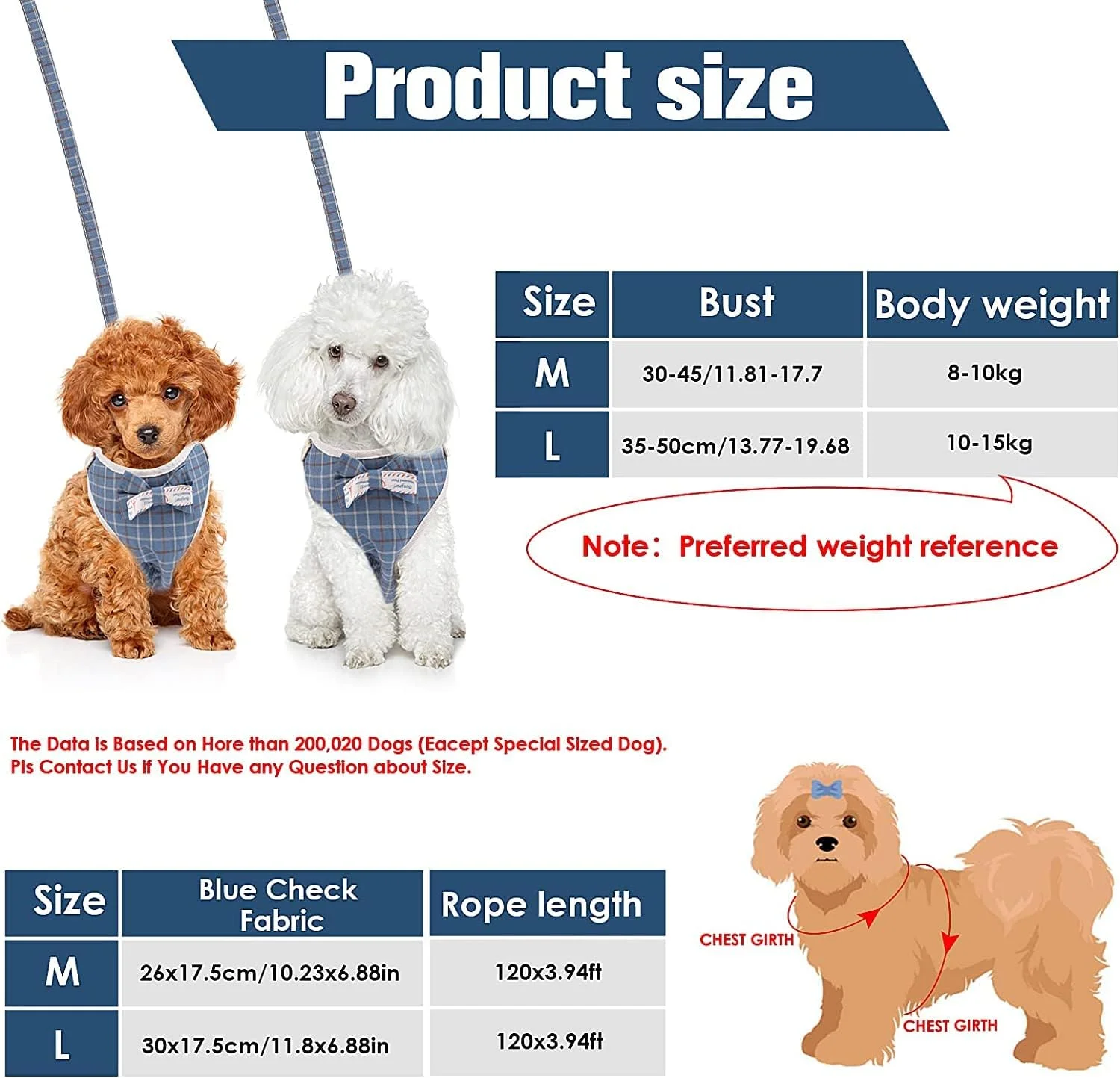 ست قلاده و بند سگ کوچک TERRIFI، جلیقه طرح چهارخانه با پاپیون، قلاده پایه قابل تنظیم و جداشدنی برای پیاده روی سگ های کوچک (سایز M، طرح چهارخانه آبی)