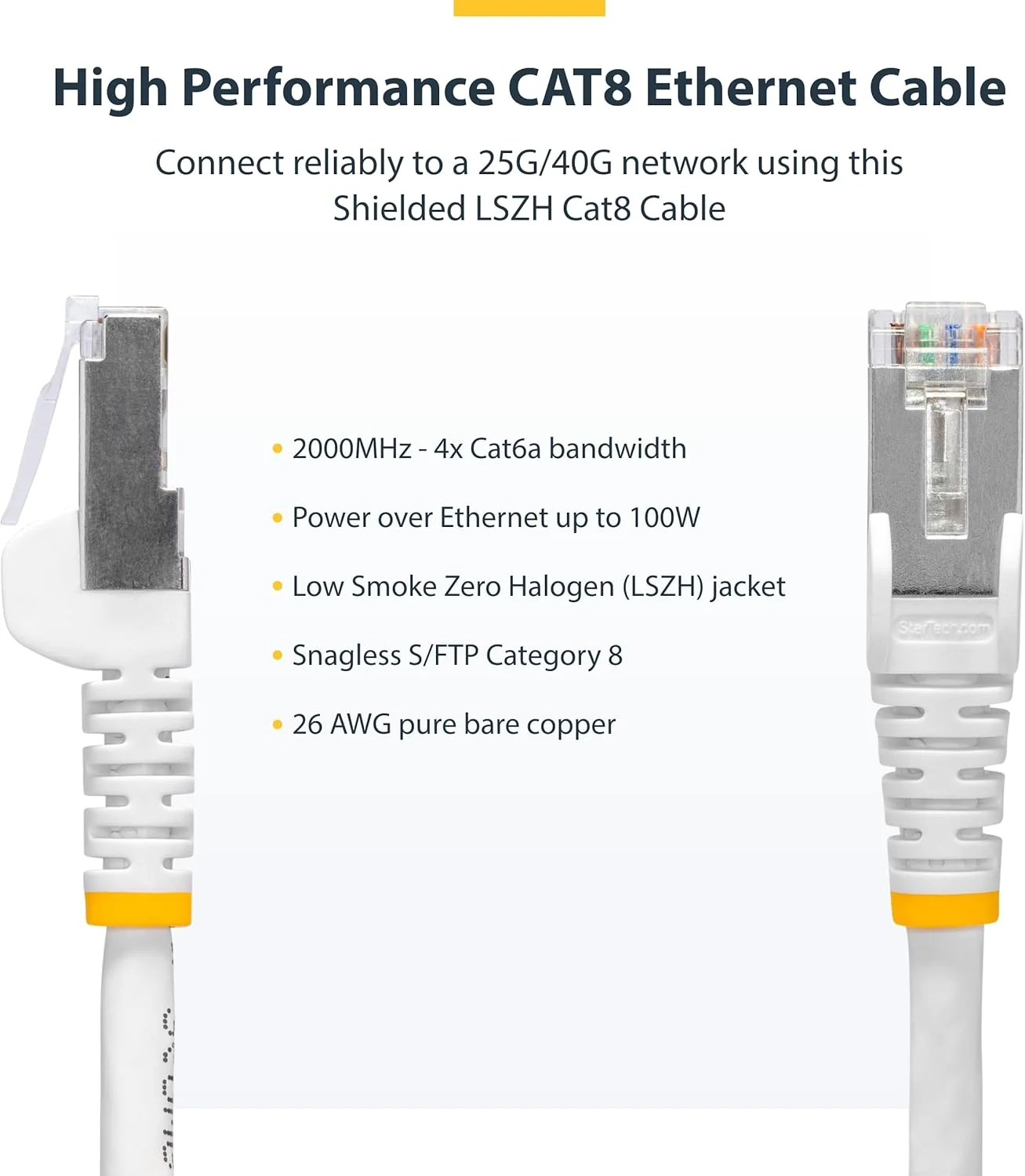 کابل اترنت CAT8 استار تک، 5 متری، سفید، RJ45 بدون گیر، 25G/40G، 2000MHz، 100W PoE++، S/FTP، مس خالص 26AWG، LSZH کابل اترنت CAT8 استار تک، 5 متری، سفید، RJ45 بدون گیر، 25G/40G، 2000MHz، 100W PoE++، S/FTP، مس خالص 26AWG، LSZH