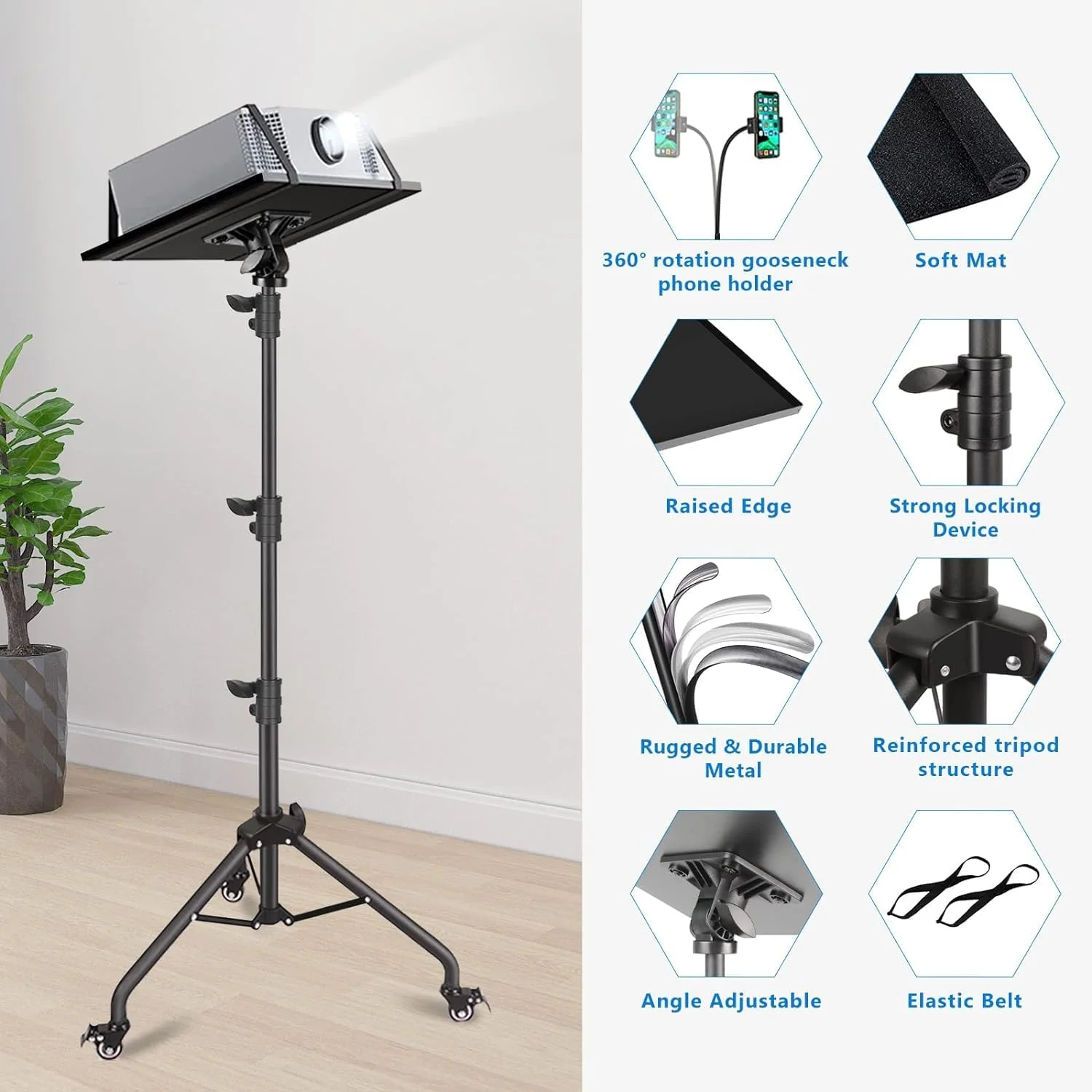 پایه سه پایه پروژکتور Biubiu، سه پایه لپ تاپ چرخ دار، ارتفاع قابل تنظیم از 60 سانتی متر تا 160 سانتی متر، پایه ایستاده پروژکتور و لپ تاپ با نگهدارنده تلفن گردن غازی برای تجهیزات اداری، خانگی، استیج، استودیو و دی جی