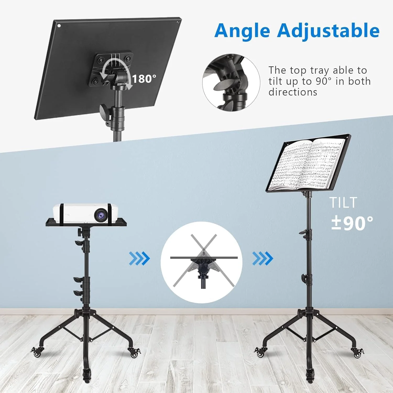 پایه سه پایه پروژکتور Biubiu، سه پایه لپ تاپ چرخ دار، ارتفاع قابل تنظیم از 60 سانتی متر تا 160 سانتی متر، پایه ایستاده پروژکتور و لپ تاپ با نگهدارنده تلفن گردن غازی برای تجهیزات اداری، خانگی، استیج، استودیو و دی جی