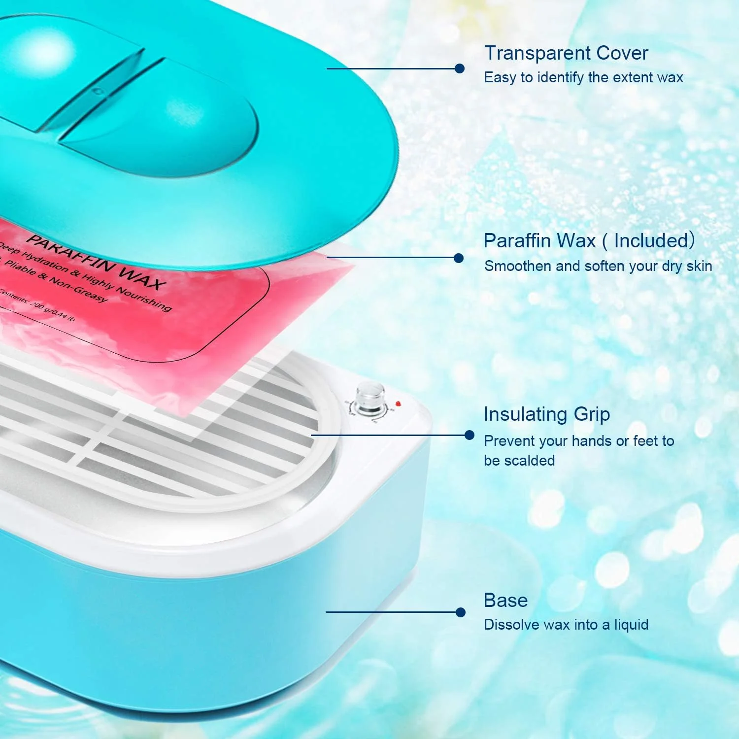 حمام پارافین YAOBLUESEA، موم پارافین به همراه 4 عدد 200 گرمی پارافین + 1 عدد دستکش + 1 عدد برس + 1 عدد شبکه عایق حرارتی + 50 عدد کیسه یکبار مصرف