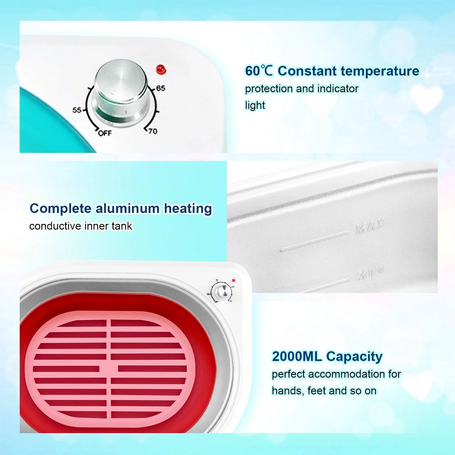 حمام پارافین YAOBLUESEA، موم پارافین به همراه 4 عدد 200 گرمی پارافین + 1 عدد دستکش + 1 عدد برس + 1 عدد شبکه عایق حرارتی + 50 عدد کیسه یکبار مصرف