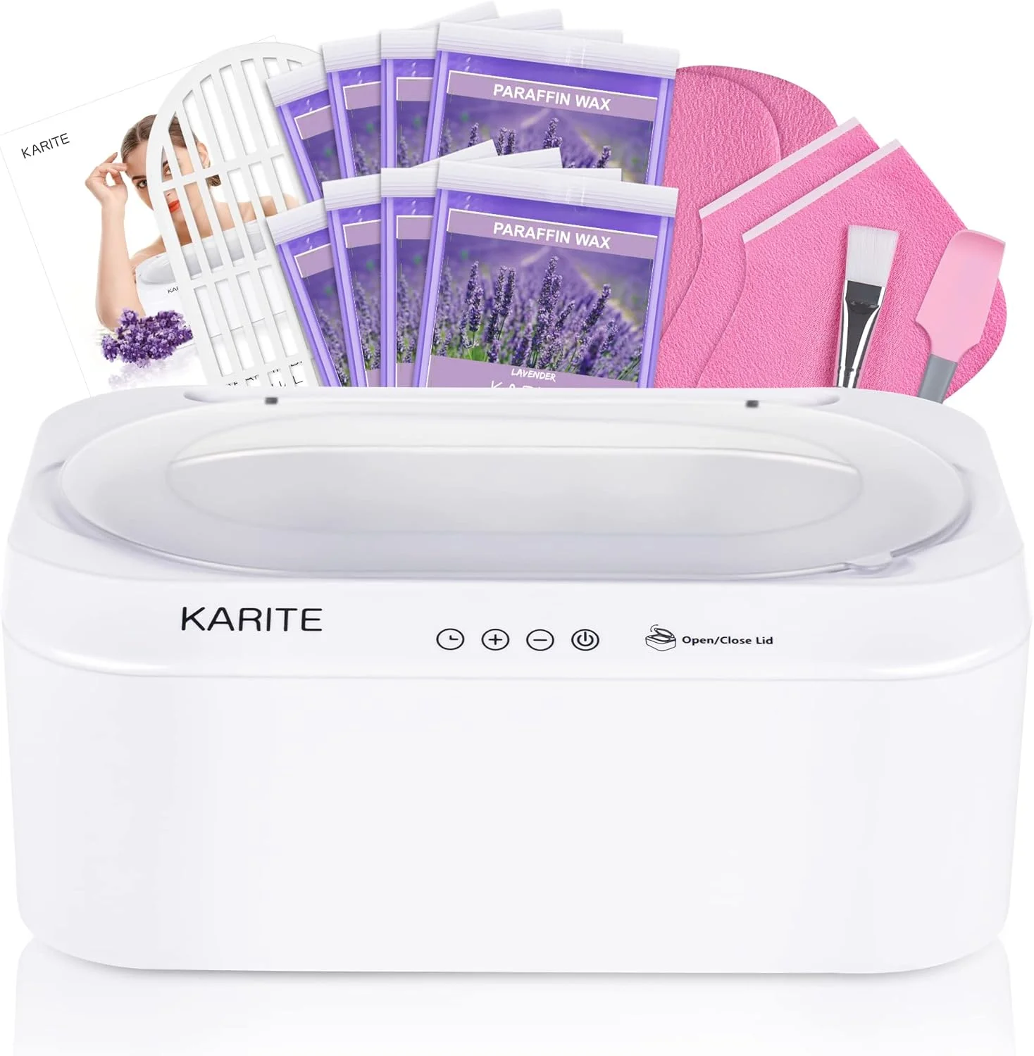 دستگاه موم پارافین KARITE برای دست و پا با درب بازشو خودکار، حمام پارافین، ذوب سریع موم در 20 دقیقه، کنترل دقیق دما، گرم کننده پارافین 4500 میلی لیتری با 8 بسته پرکننده