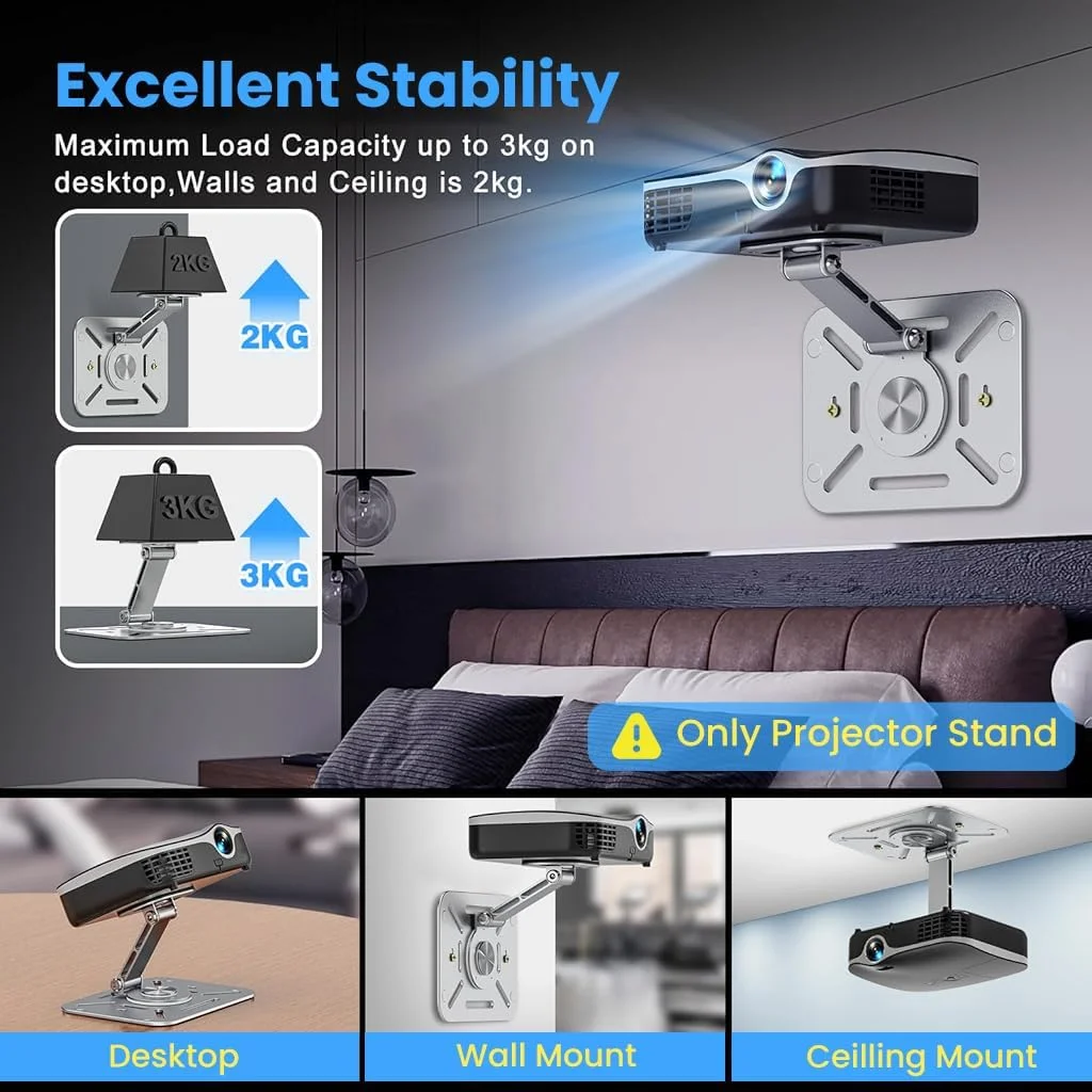 پایه پروژکتور ZORBES® پایه آلیاژ آلومینیوم با قابلیت چرخش 360 درجه، نگهدارنده پروژکتور رومیزی با بازوی تاشو، پیچ جهانی 1/4 اینچی، پایه رومیزی پروژکتور