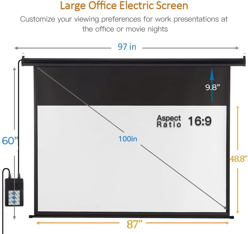 پرده نمایش پروژکتور موتوردار ZUEDA سایز ۱۰۰ اینچ، نسبت تصویر ۱۶:۹ HD، مناسب سینمای خانگی داخلی و خارجی، به همراه کنترل از راه دور، مشکی