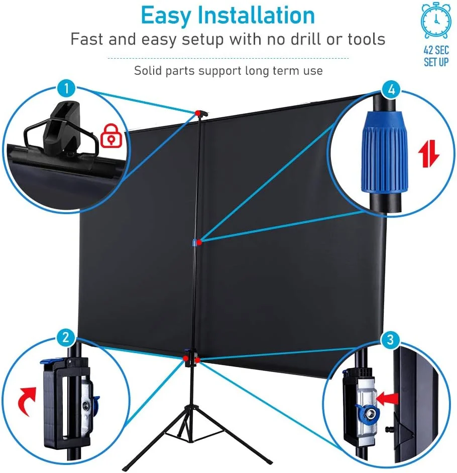 پرده نمایش پروژکتور سه پایه ZUEDA با پایه، بزرگ 120 اینچ 4:3 3D 4K HD، پرده نمایش قابل حمل برای سینما، تئاتر، کلاس مدرسه، دفتر کار خانگی، فضای باز و سرپوشیده