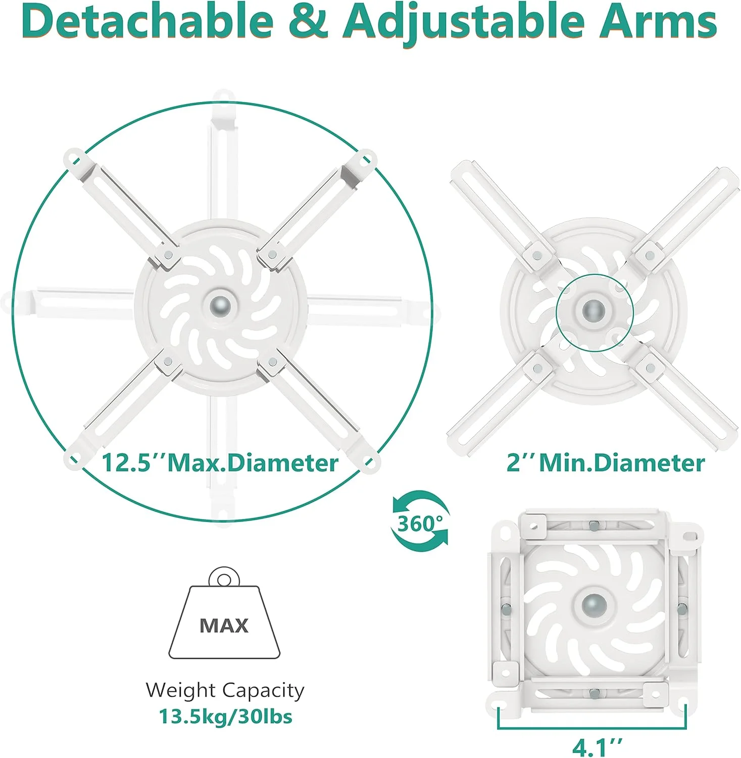 پایه سقفی پروژکتور WALI، پایه پروژکتور جهانی کم ارتفاع با بازوهای جمع شونده و عملکرد تنظیم چندگانه، سوراخ های نصب از 5 تا 32 سانتی متر (PM-002-W)، سفید