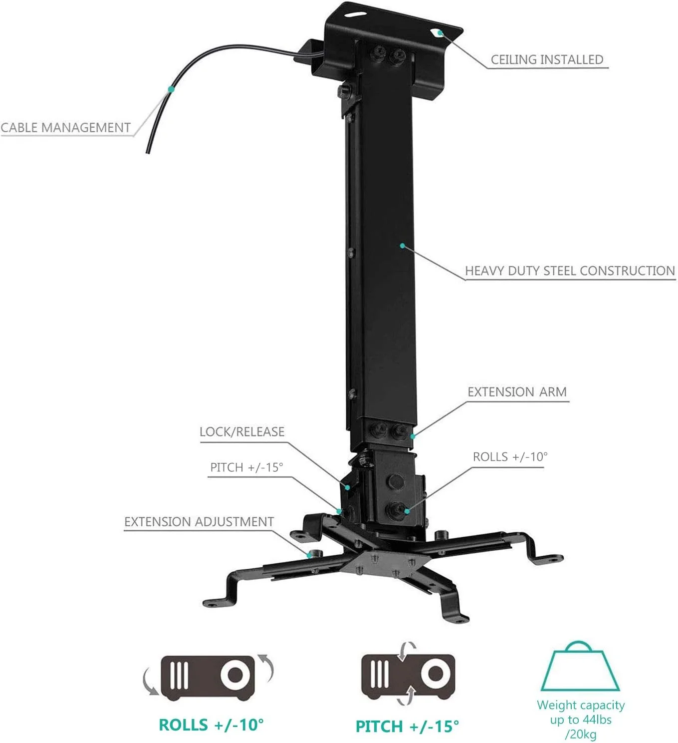 پایه سقفی پروژکتور یونیورسال WALI با قابلیت تنظیم چندگانه و میله‌ی افزایش طول 25.6 اینچی، تحمل وزن تا 20 کیلوگرم (PM-001-BLK)، مشکی