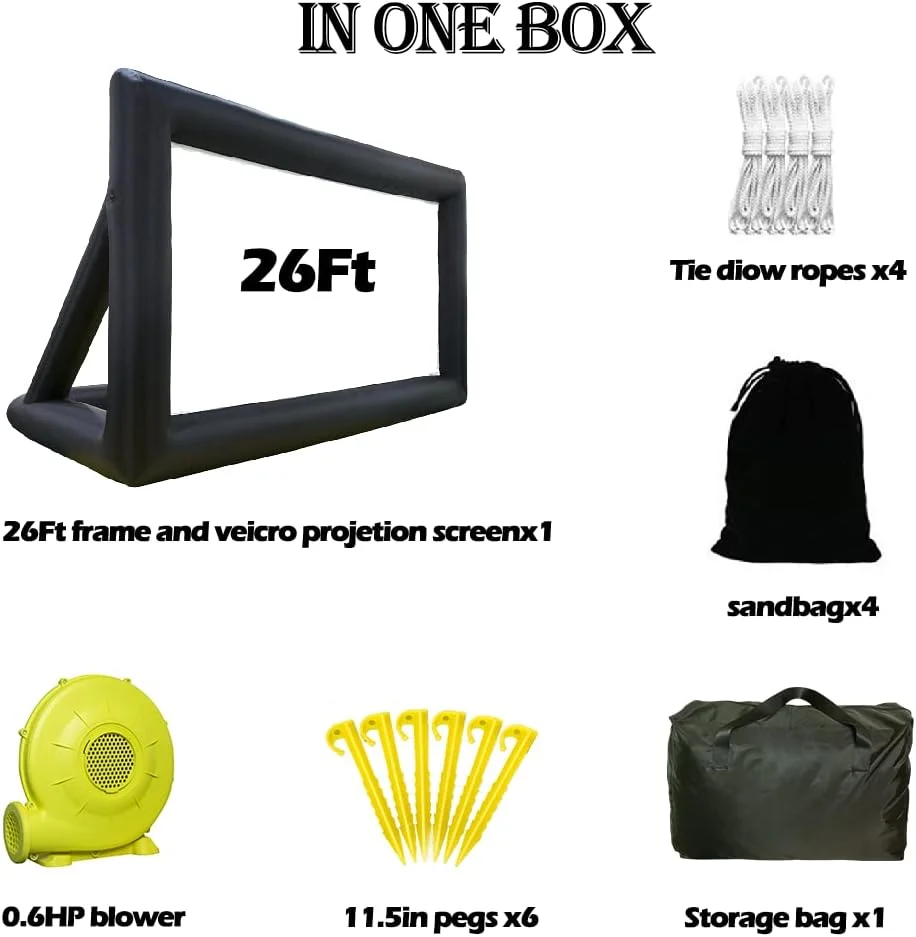 پرده نمایش بادی 8 متری WGIA، پرده پروژکتور بادی به همراه دمنده هوا، طناب، کیت تعمیر و کیف نگهداری، پشتیبانی از نمایش جلو و عقب، مناسب برای شب های فیلم، حیاط خلوت و مهمانی کنار استخر