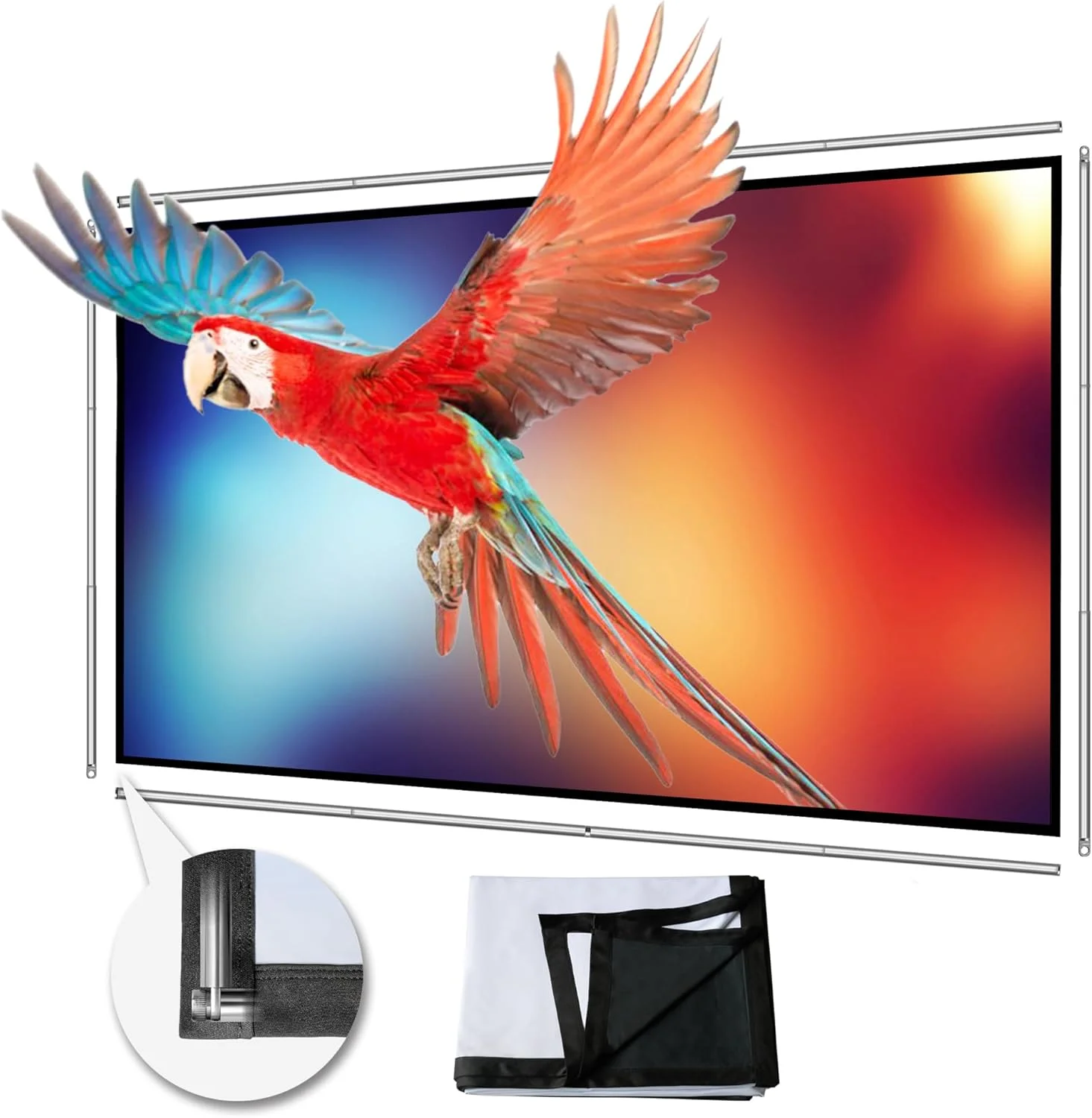 پرده نمایش تاشو 70 اینچی Yandood با قاب ترکیبی میله تلسکوپی استیل ضد زنگ 16:9 HD 4K ضد چروک با پشتی مشکی نقره ای قابل حمل