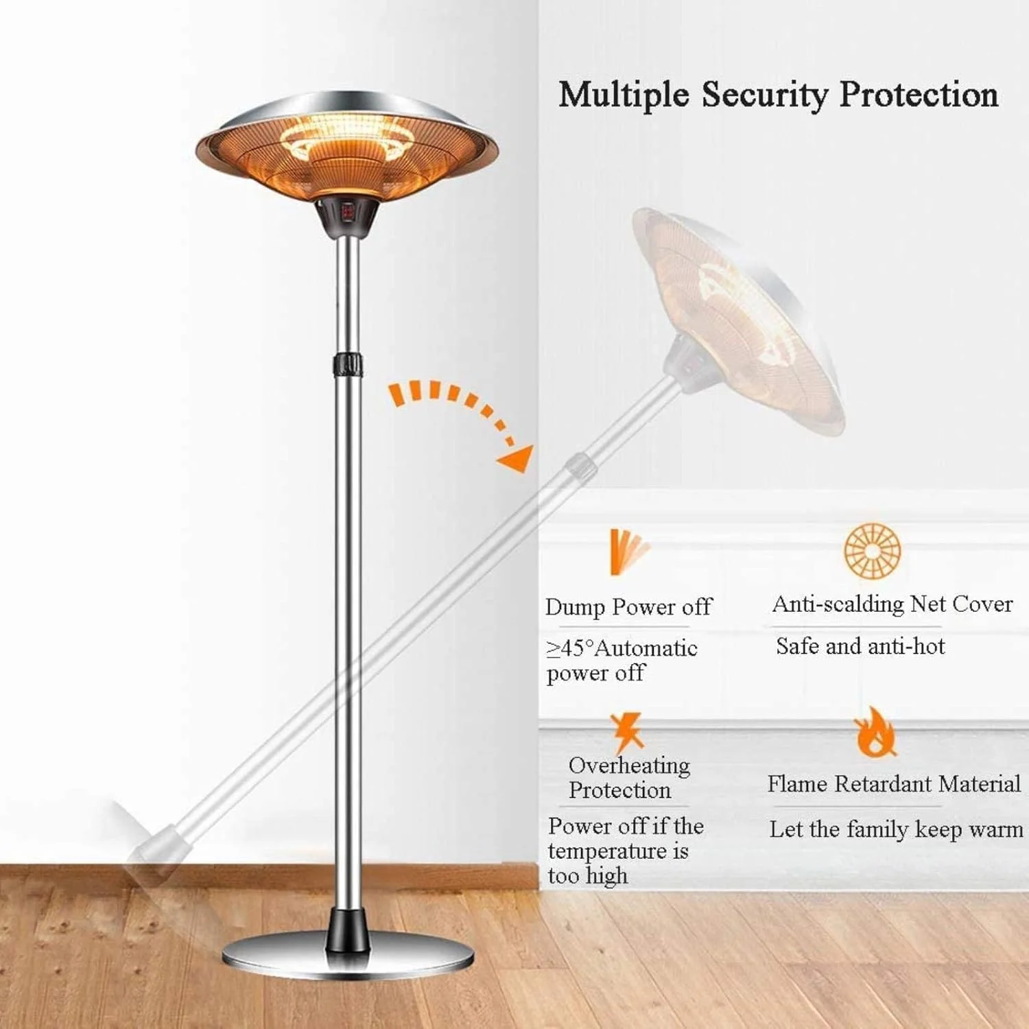 بخاری برقی ایستاده فضای باز، مناسب باغ و پاسیو، دارای تنظیمات حرارت، محافظت در برابر گرمای بیش از حد و واژگونی، ارتفاع قابل تنظیم، ضد آب و مقاوم در برابر باران، بخاری پاسیو برای آسایش در باغ